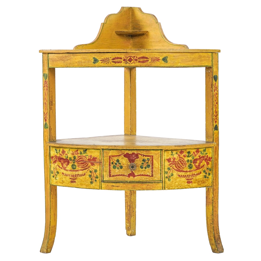 Paint Decorated Corner Wash Stand: Paint decorated corner wash stand with drawer, pine dovetailed construction, 17 1/2" x 17 1/2" x 34 1/2"