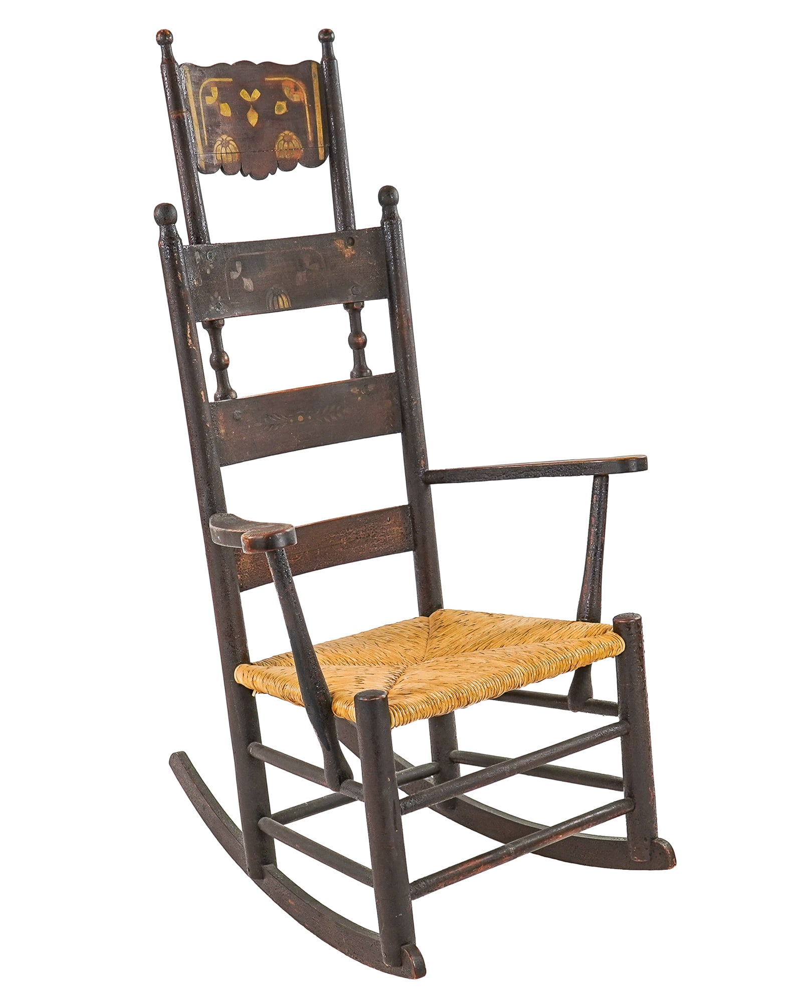 Comb Back Hoop Skirt Rocker: Comb back hoop skirt rocker in old paint decoration, back ht 44", seat ht 14"