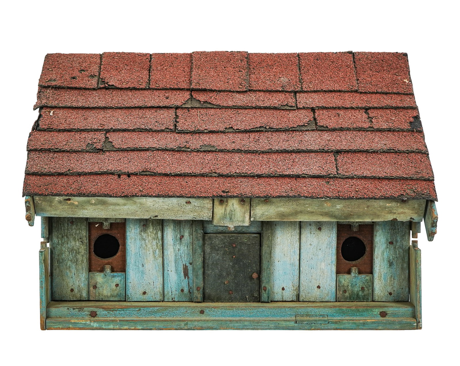 Mid 20th c Birdhouse in Blue Paint: Mid 20th c birdhouse in blue paint, made in 2 sections for cleaning, 20" x 18" x 14 1/2"