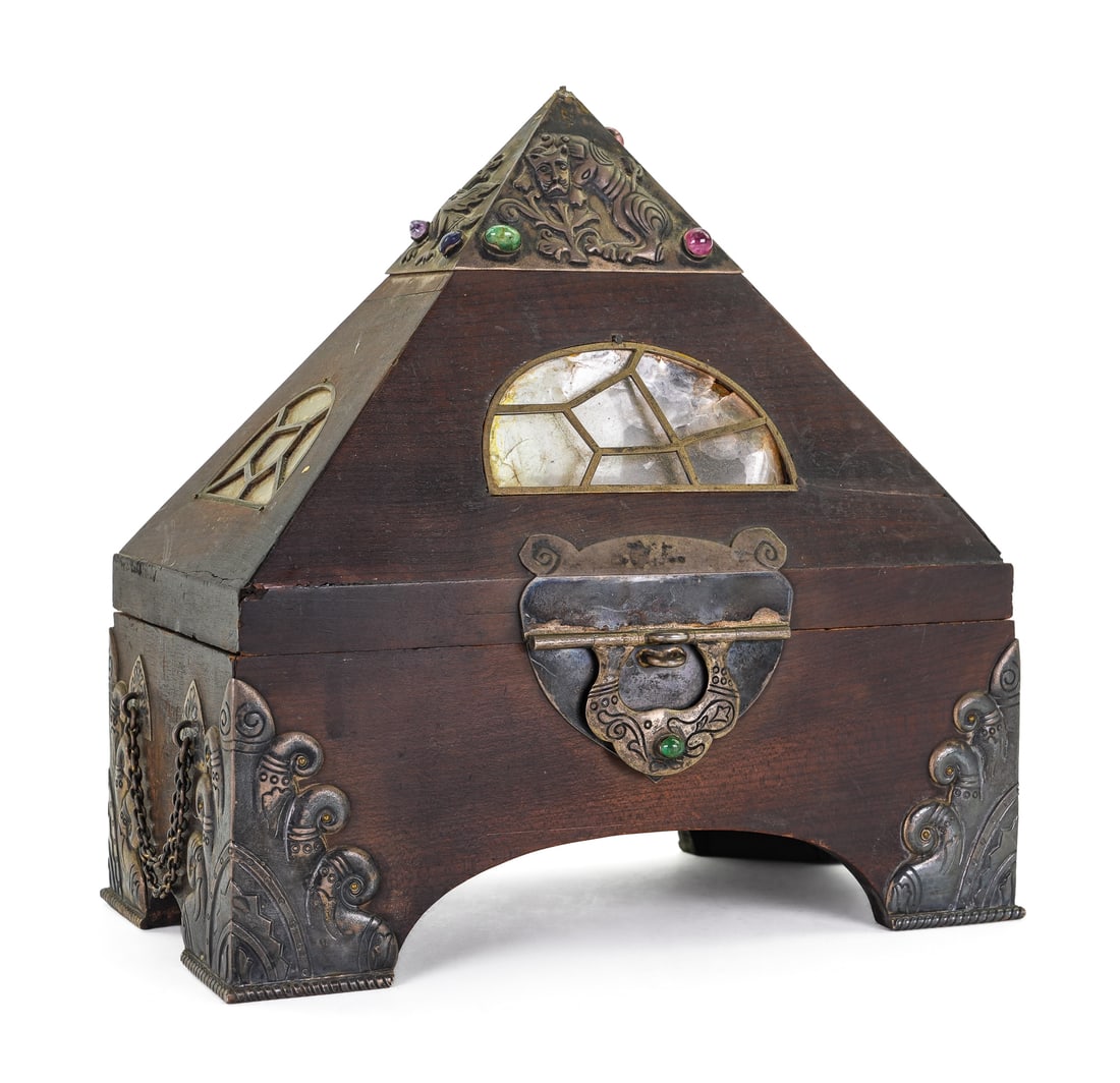 India Kerala Style Teremok Dowry Box: India Kerala style Teremok dowry box/ bride's box, bound in hallmarked silver and semi precious stones, used to store valuables, small pc. of lid missing, needs glueing, 9 1/2" x 5 1/4" x 10"