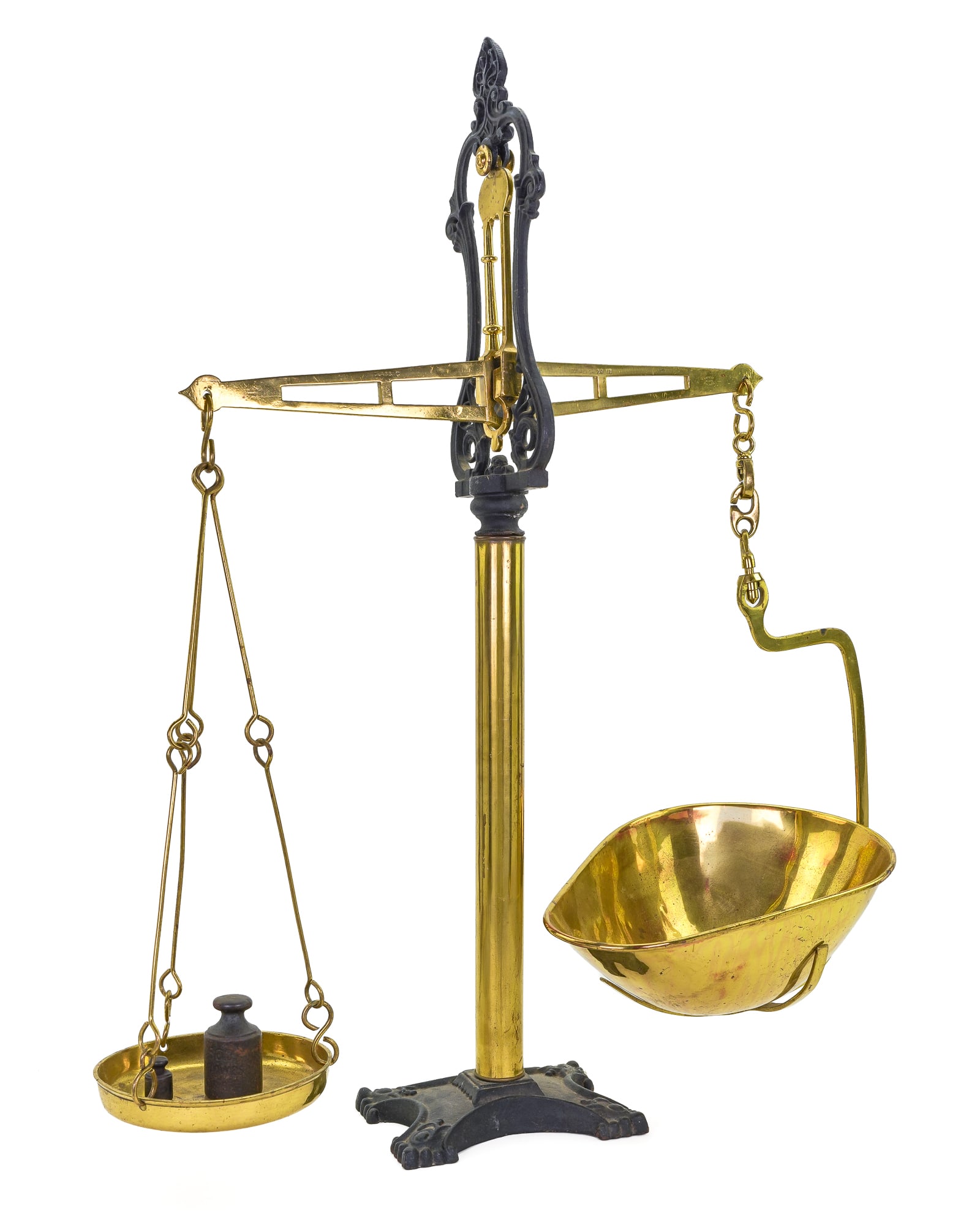 Brass Balance Beam Scale: Brass balance beam scale, brass pans, ht 33", beam length 10"