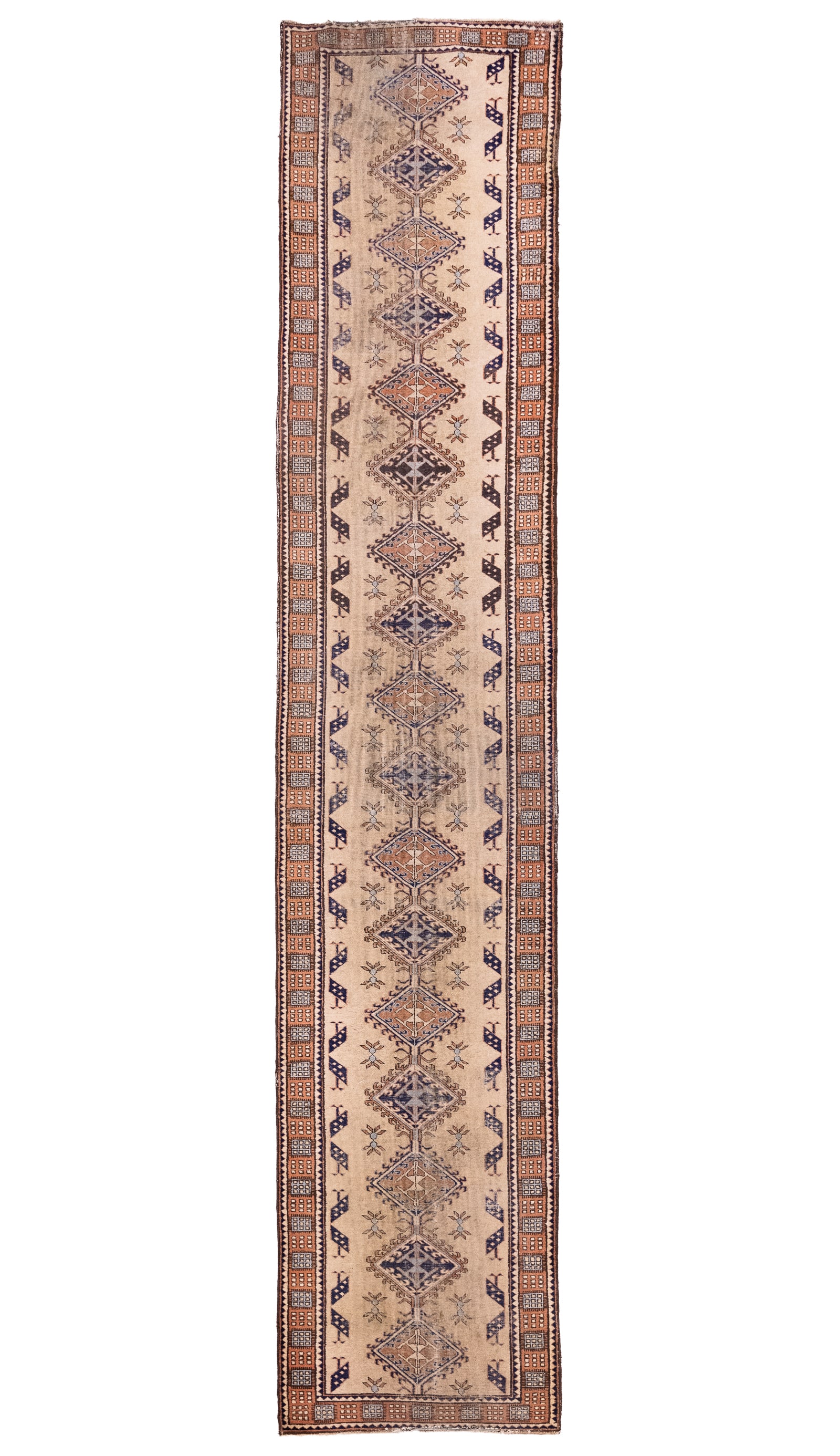 Persian Style Runner: Persian style hall runner, likely India or Pakistan, uneven wear, stains, 3' x 16' 11"