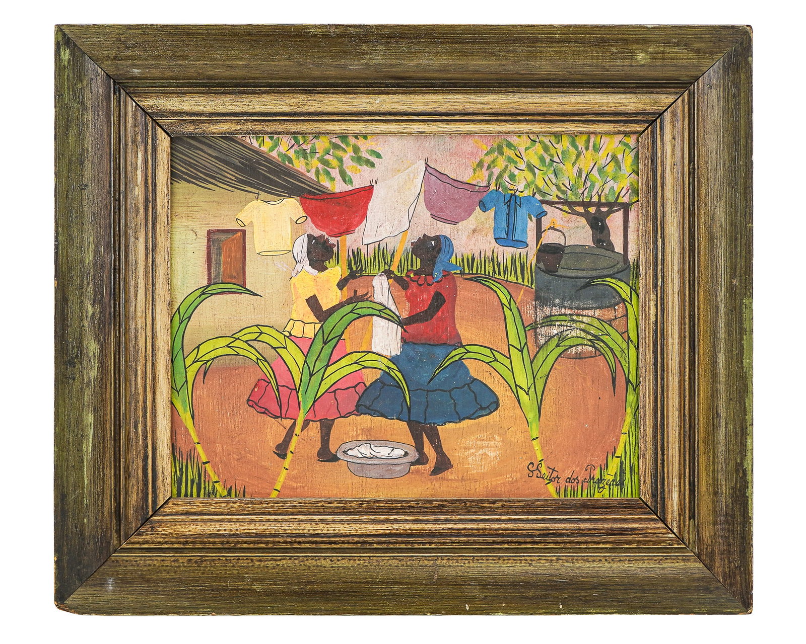 Heitor dos Prazeres (BR 1898-1966) Two Ladies: Heitor Dos Prazeres (Brazilian 1898-1966 Two Ladies Hanging Wash oil on panel signed lower left 10 x 12" 15 x 18" as framed. - Dos Prazeres is fondly remembered in Brazil as a samba legend, who made