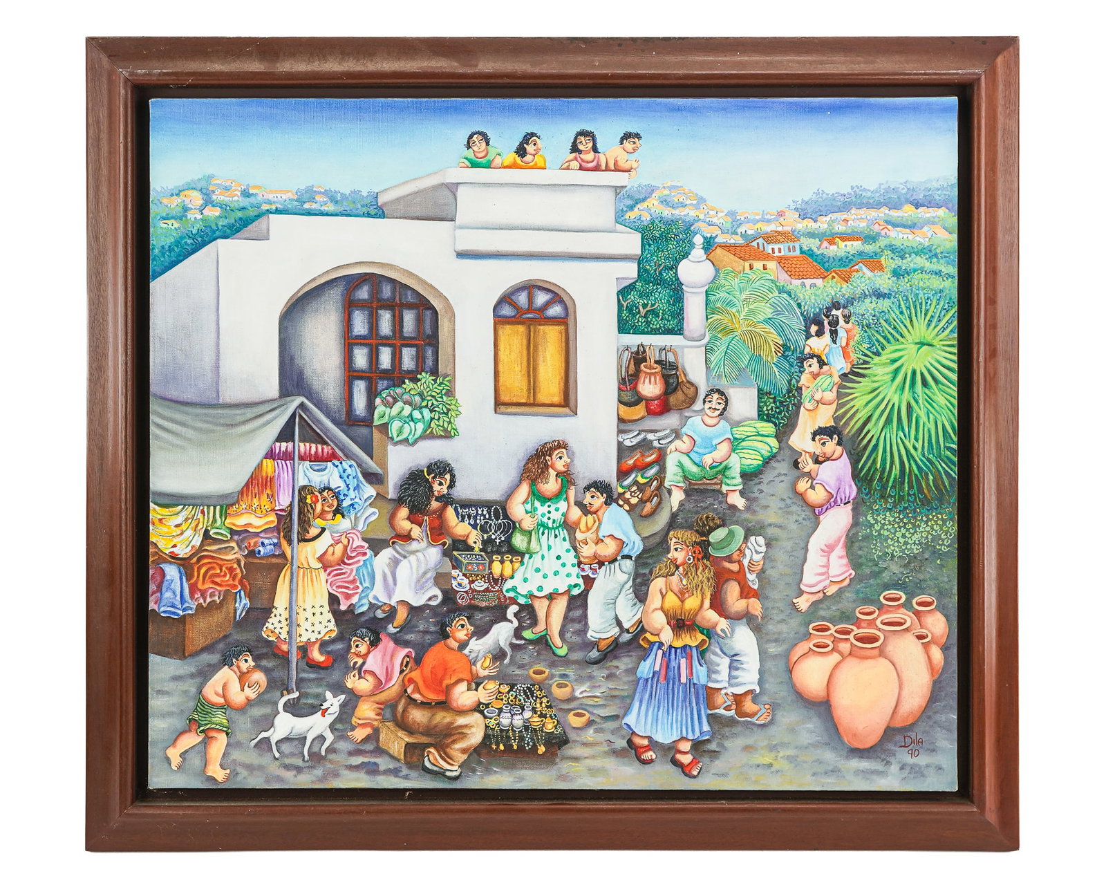 Dila (Dila Dileusa Dinis Rodrigues) (BR 1939-): Dila /Dila Dileusa Dinis Rodriguez (Brazil 1939-) Street scene signed lower right 24 x 28" 28 x 32" as framed. DIla Is a prolific Brazilian Painter who has exhibited extensively worldwide. She is