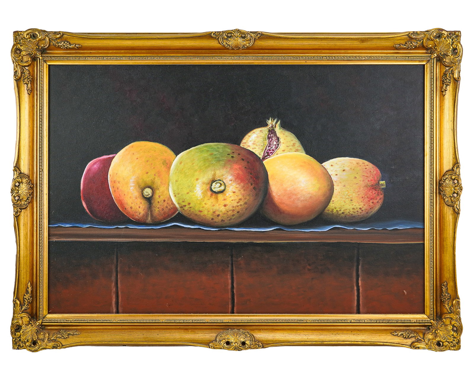 Contemporary oil on canvas of Pomegranates and Mangos: Contemporary oil on canvas of Pomegranates and Mangos unsigned 24 x 36" 30 x 42" as framed.