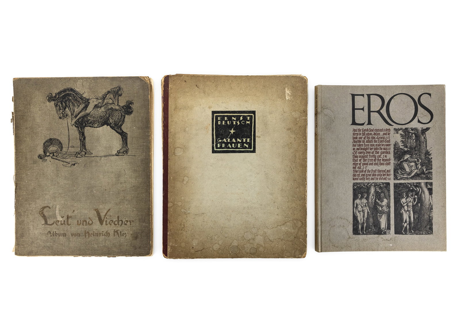 Two Folios and Eros Magazine-: Ernst Deutsch- Galante Frauen - Arthur Wolf 1917 Vienna 10 lithograph plates, binder and interspercial leaves show serious toning 14.5 x 11.5"; Heinrich Kley- Leut und Viecher 1912- 14 x 11"; Eros