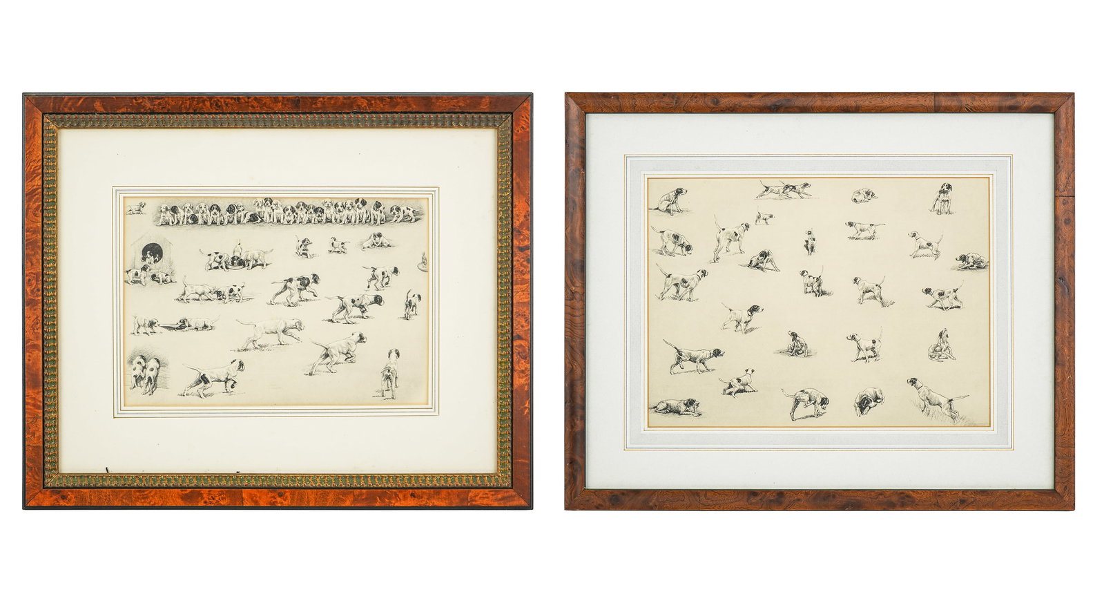 Marguerite Kirmse (AM 1885-1954) Two lithographs with pointers: Marguerite Kirmse (English/American 1885-1954) two lithographs with studies of pointers ca 1930- Each Approx 10 x 14" 18 x 22" and 16 x 19" as framed- Kirmse first trained as a harpist at the Royal Ac
