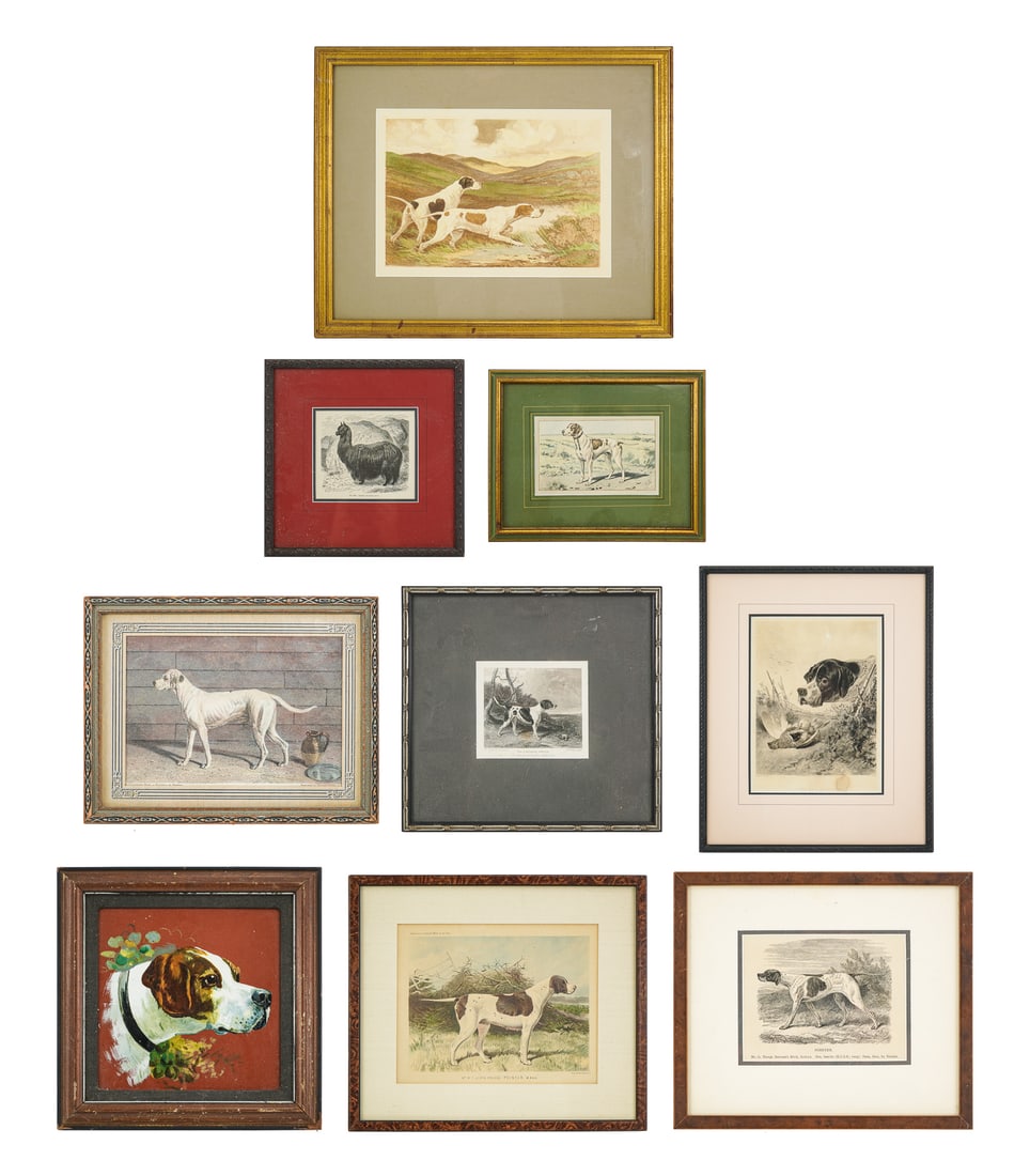 Group of Sporting Art and Engravings: Group of eight -19th and 20th c Sporting art and engravings including -Richard Ansdell (EN 1815-1885), P Mahler, A Cooper, Reuben Ward Binks (1880-1950), A tile with image of a pointer. SIzes From 22 