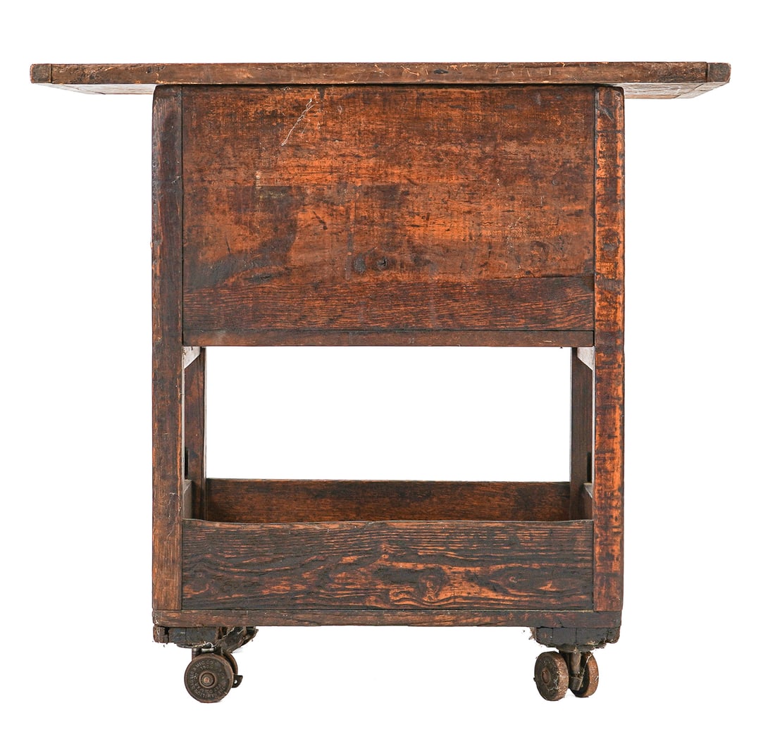 19th c Industrial Cart/Game Table: 19th c two tier Industrial cart 28 x 21 x 16" with added breadboard top with chess/checkerboard painted on- overall 29 x 31 x 18"