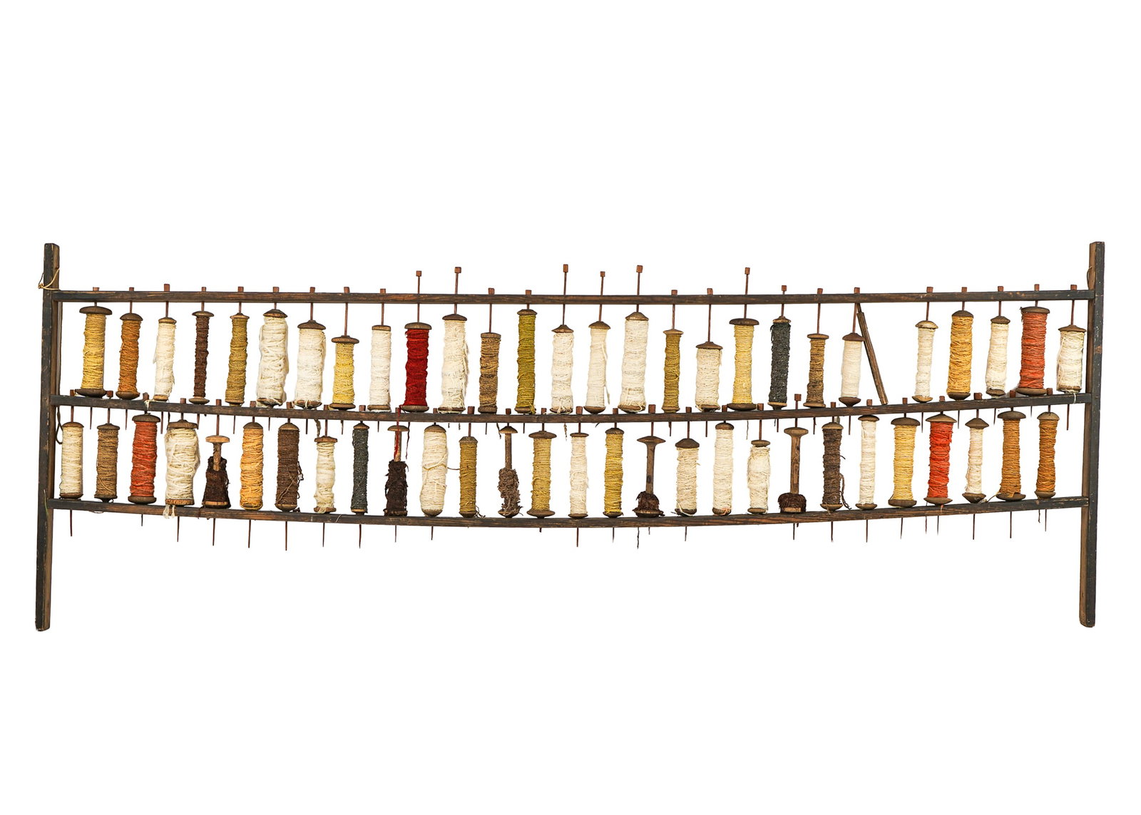 19th c Spool Holder -: 19th c pine weaves spool holder with mortise and tenon construction with approx 56 spools 33 x91"