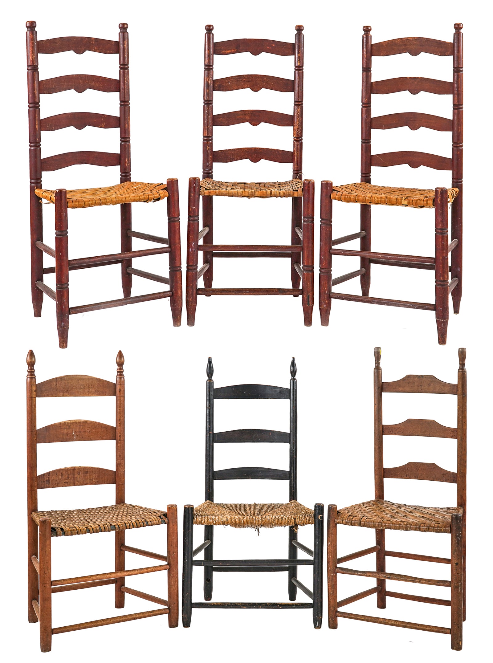 Six 19th c Ladderback chairs: Six 19th c Ladderback chairs used as a set all in reasonably good condition- Later splint or rush seats