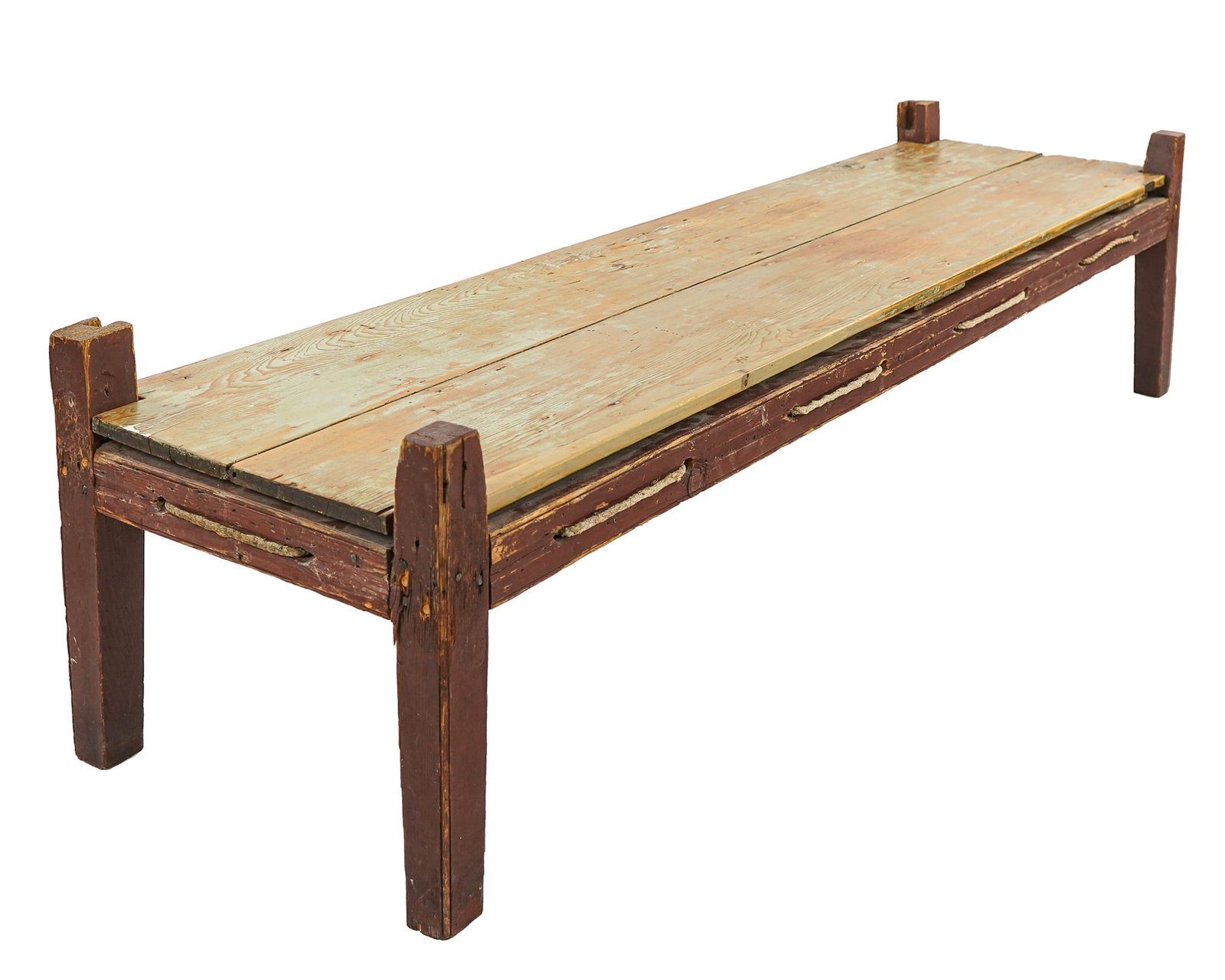 Rustic Pine Hired Man's Bed Coffee Table: Colonial Revival coffee table made from a hired man's bed in old red paint with old pine board top with scrubbed finish. 18 x 72 x 21"