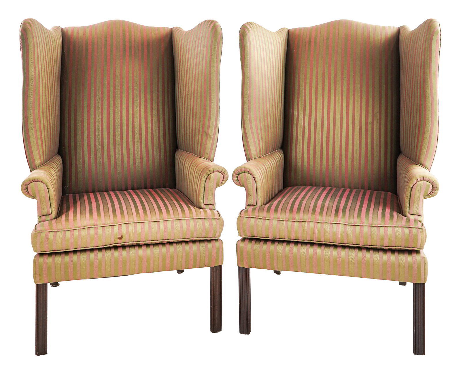 Pair of Chippendale style wing chairs in striped silk upholstery (1 of 1)