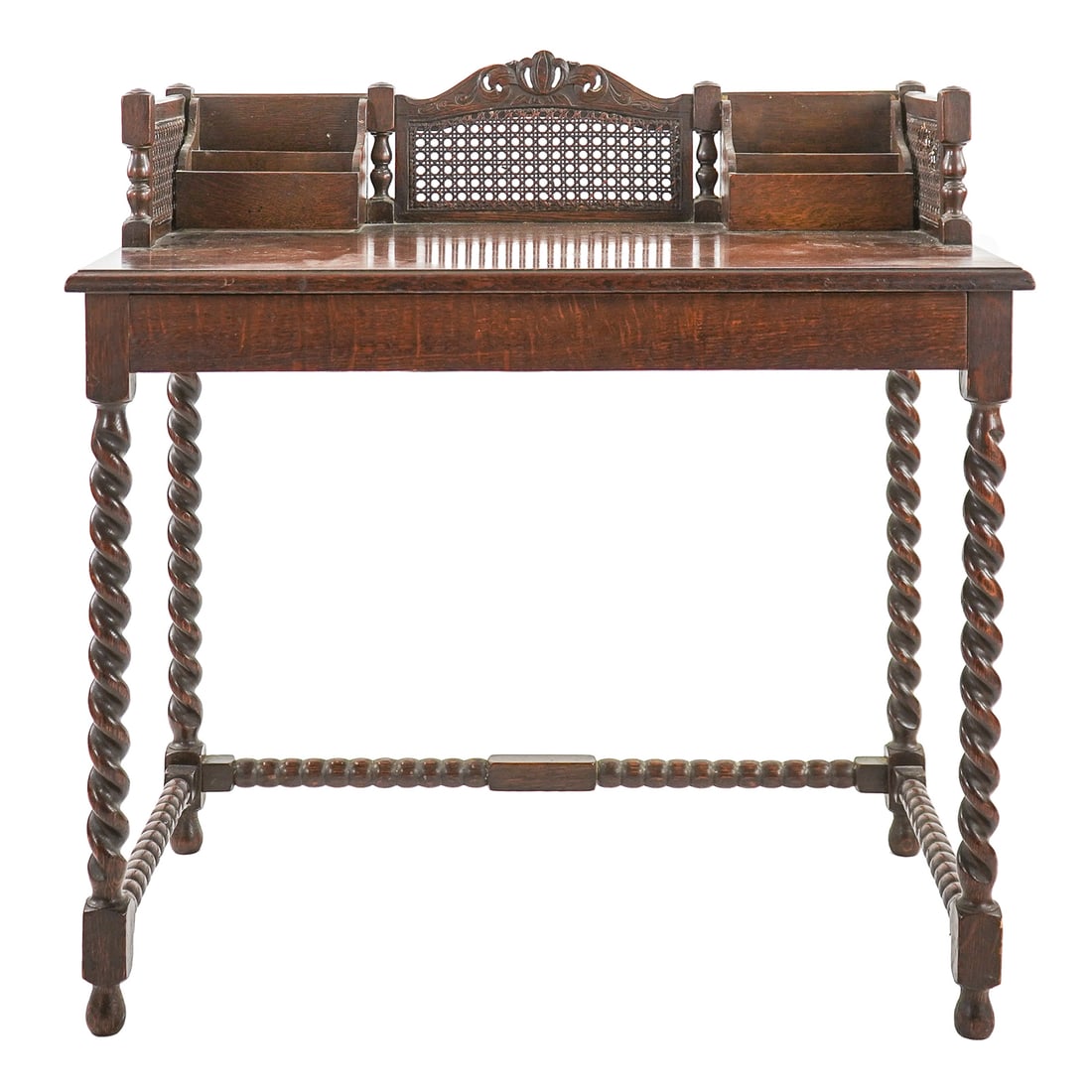 Circa 1910 Oak Ladies Writing desk: Circa 1910 Oak Ladies writing desk with cane back splash, barley twist legs 37 x 36 x 21"