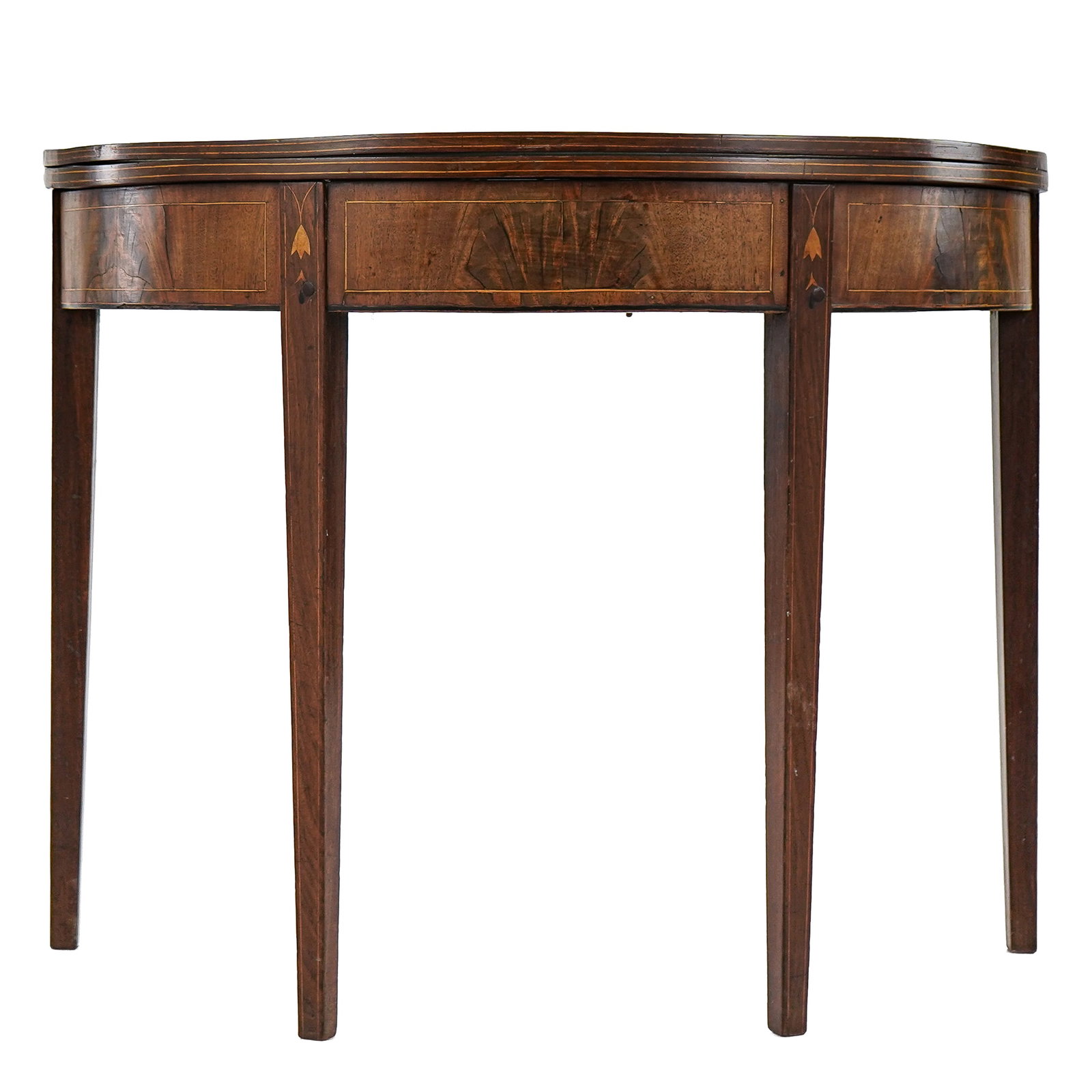 19th c Mid-Atlantic Hepplewhte Card Table: Early 19th c Mid-Atlantic/ Baltimore Hepplewhite mahogany demilune card table with bellflower inlay bookmatched burl panels 28 x 36 x 18" folded 36" diameter open.