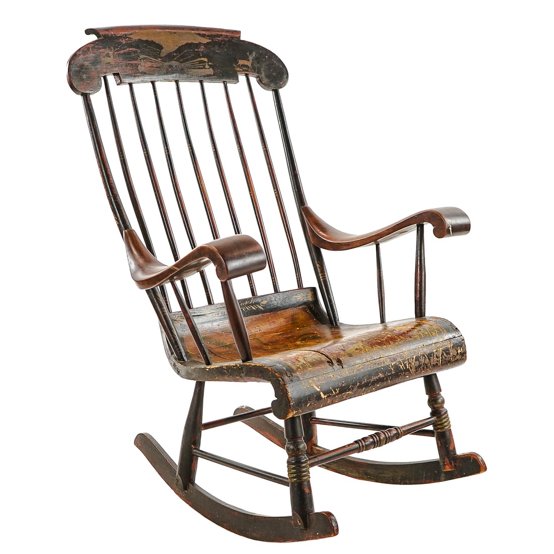 Oversized 19th c Boston Rocker with Patriotic Crest: Oversized 19th c Boston rocker with patriotic back splash marked with Eagle, and Stags, Grain Painted seat, gilt stencil decoration, 44 x 30 x 33" 18" to seat.