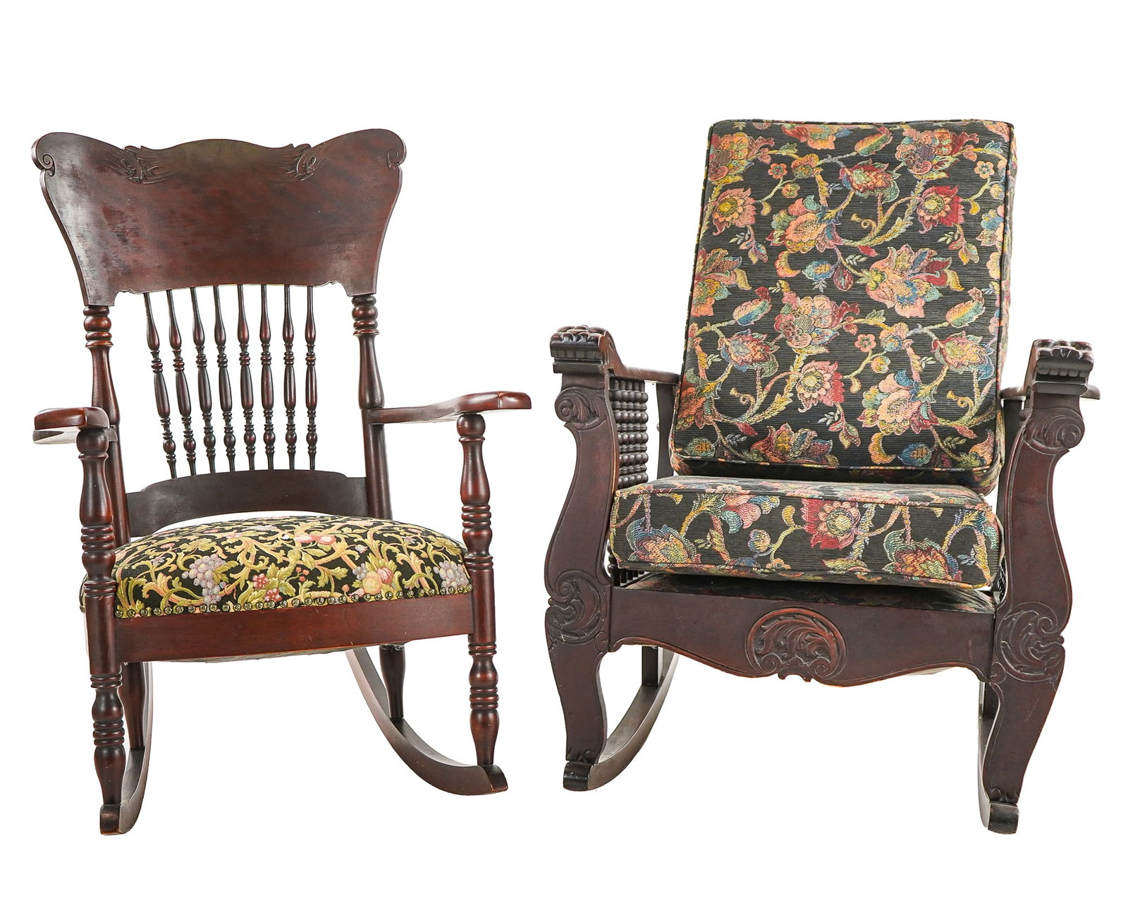 Two Victorian Rocking Chairs: Two Victorian stained birch rocking chairs -His Gothic revival with Lion arms, Morris back - 38 x 30 x 35" 21" to seat- Her's pressed back 36 x 26 x 31" 18" to seat.