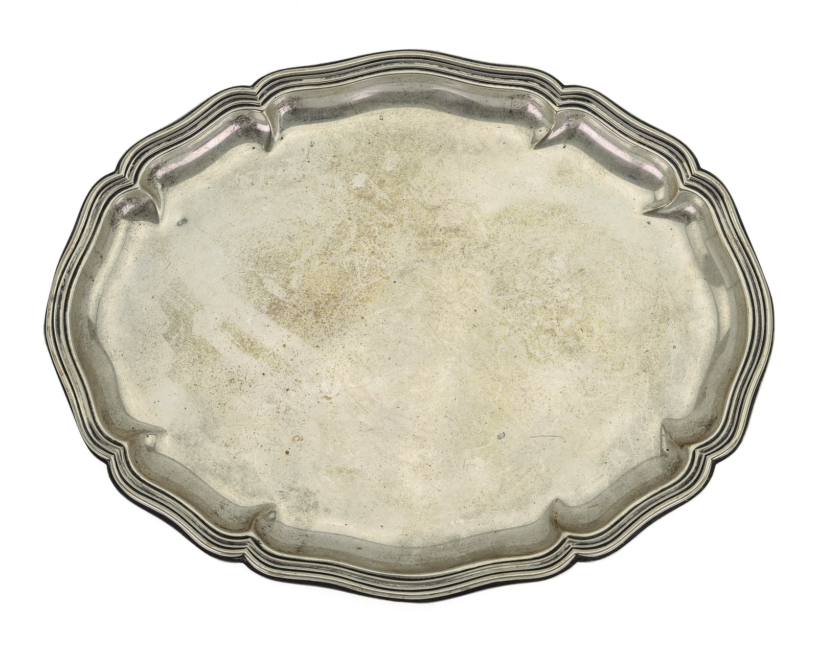Continental 830 Silver Scalloped Platter: Continental German .830 silver rococo style scalloped serving platter. No monograms. Overall good condition 9.5" x 12" 9.8 ozt.