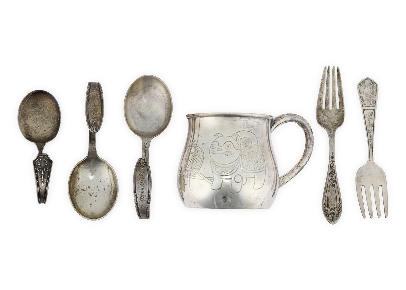 Sterling Silver Baby Mug and Cutlery: Sterling silver baby mug accompanied by 5 pieces of cutlery including 3 spoons and 2 forks, as found, 2.5"-4.75" 5.5 ozt.
