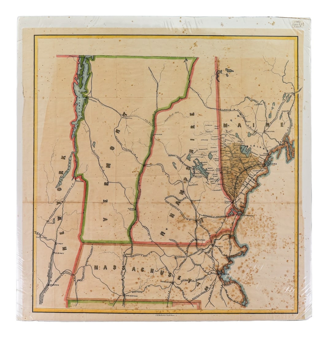 1850 Buford and Co. VT/NH Railroad Map: Scarce ca 1850 J H Buford & Co Boston litho map of 4 proposed rail lines between Boston & Burlington, VT, etc (this version is without legend, but with added State of Maine details- from Hale's "Map