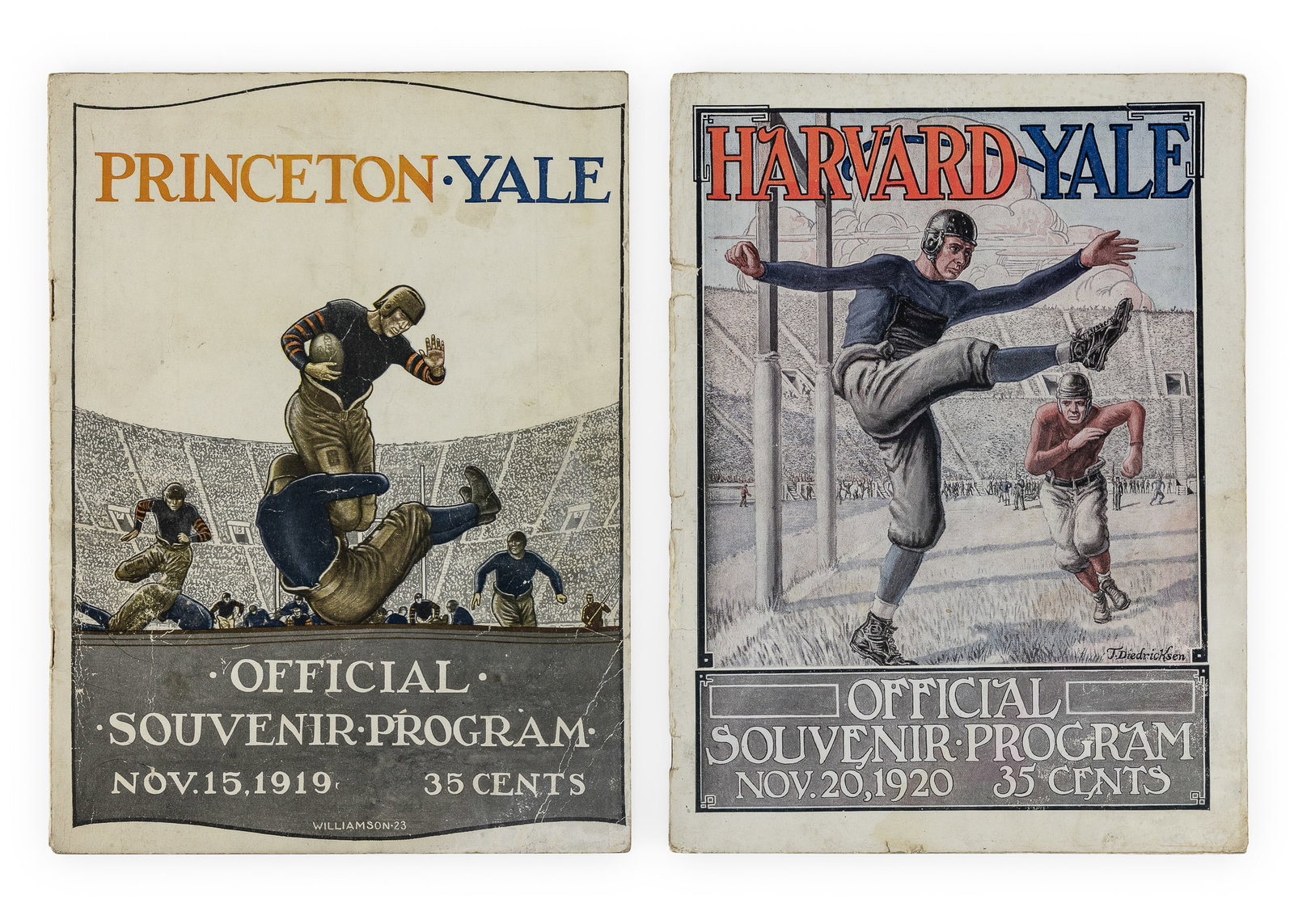 1919 and 1920 Yale Football Programs: Two early Yale football programs. Nov. 5, 1919 Princeton Yale program. Nov. 20, 1920 Harvard Yale football program. Tears around staples. Overall good condition. 8" x 11"