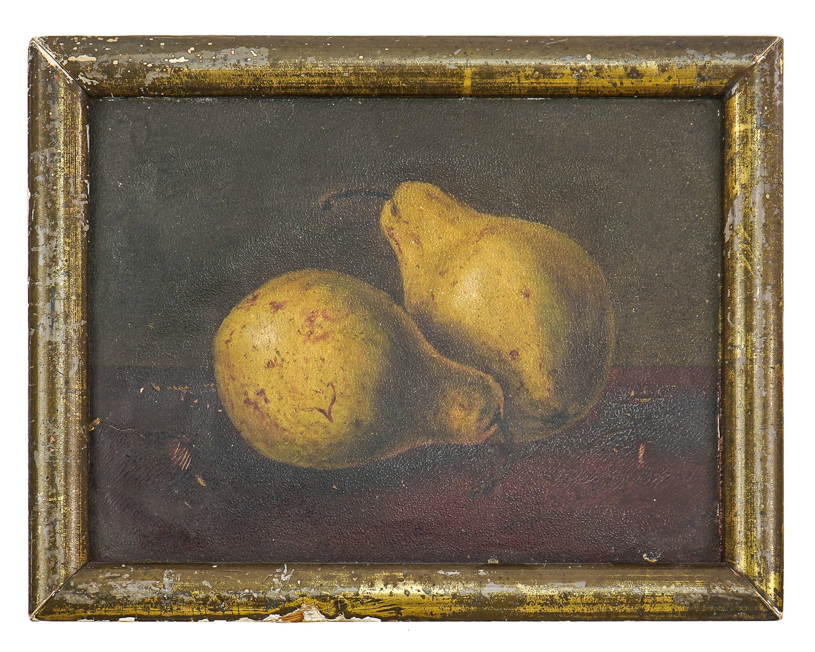 19th c Oil on Canvas Pears: Mid 19th century oil on canvas still life of 2 pears. Period gilt frame. 11" x 9". Age appropriate wear.