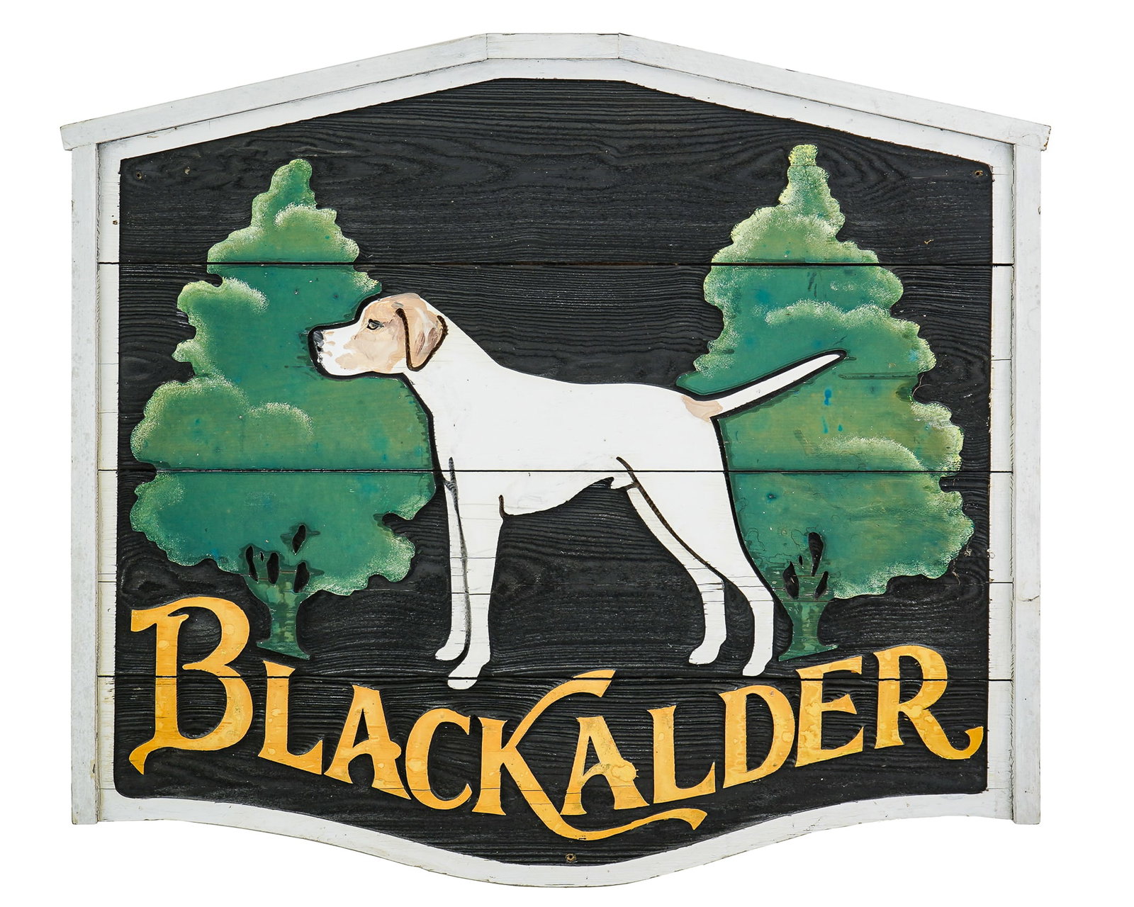 "Black Alder" Wood Sign with Pointer Dog: 20th c carved and painted wooden sign "BLACK ALDER" with pointer dog and two green trees.