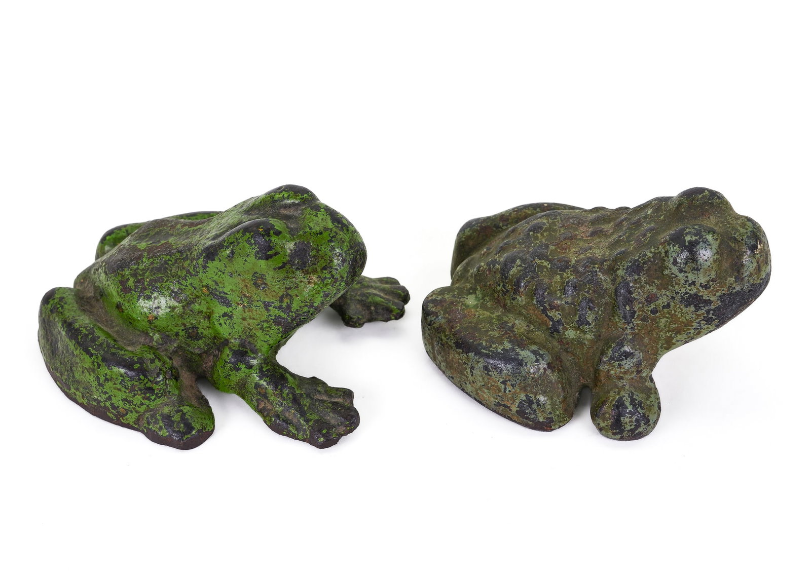 2 Cast Iron Frog Doorstops: 2 Victorian cast iron door stops. Frog & toad. 6" and 5" long. Original green paint.
