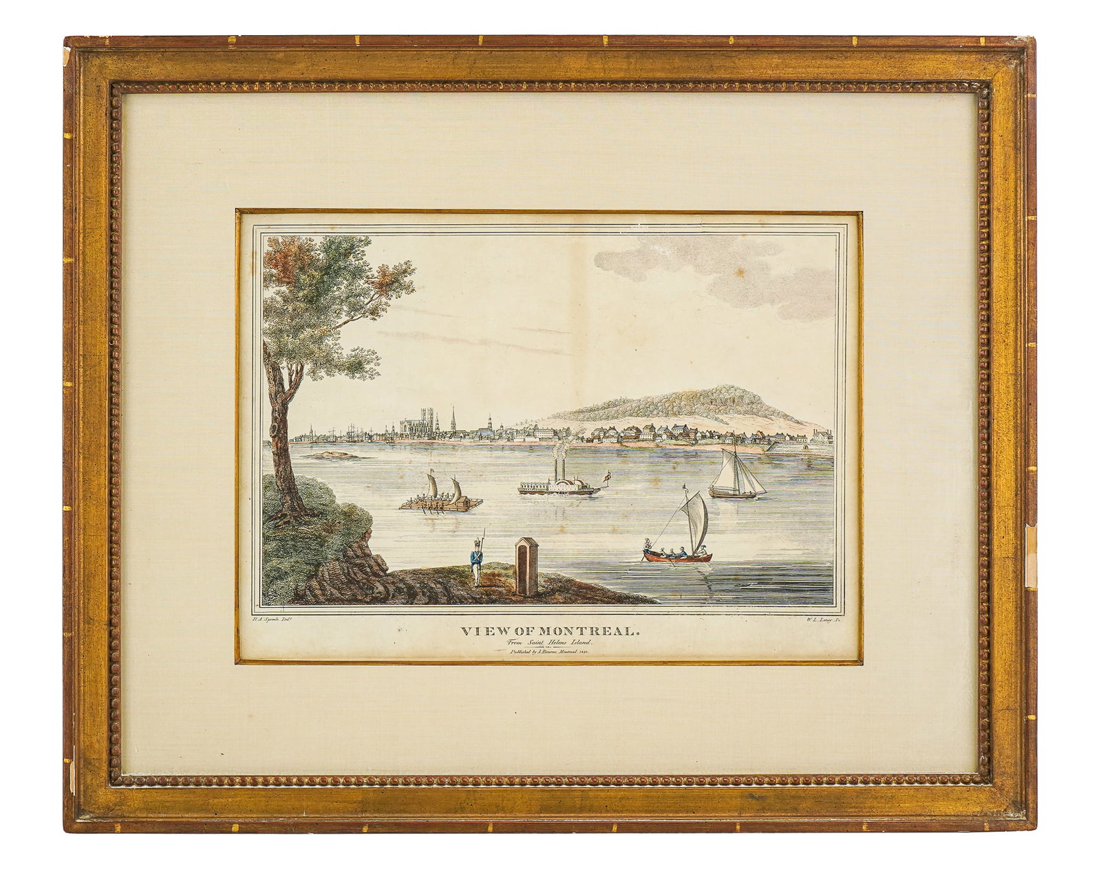 19th c Colored Lithograph "View of Montreal": Ca. 1830 hand-colored engraving, "View of Montreal from Saint Helen's Island". By Robert Auchmuty Sproute (1799-1845). Engraved by William Satchwell Leney, published in Montreal by Adolphus Bourne.