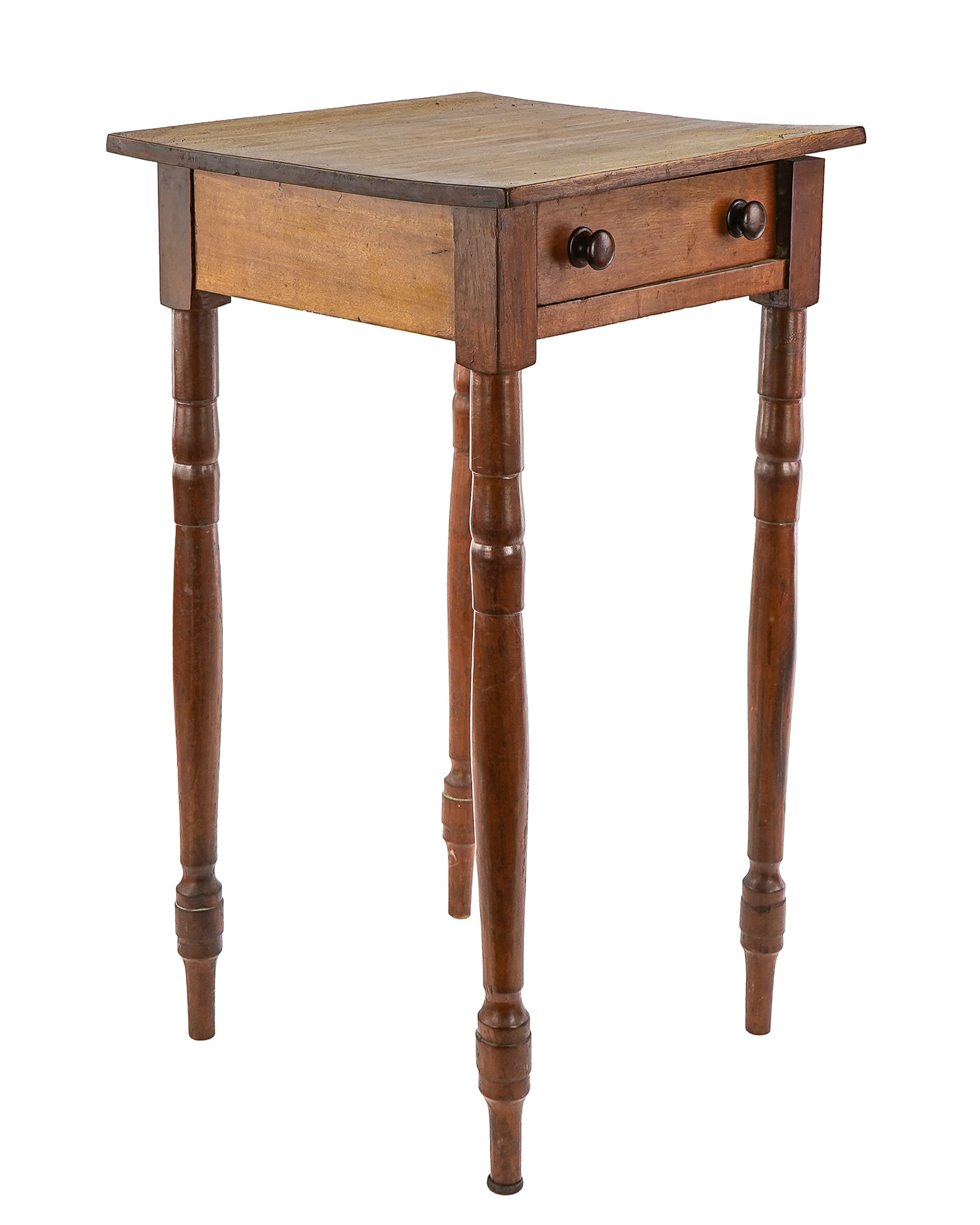 Sheraton Flambe Birch One Drawer Stand: New England Sheraton one drawer stand with birch top, cherry legs, and 2 small walnut pulls. 16" x 16" x 28"h.