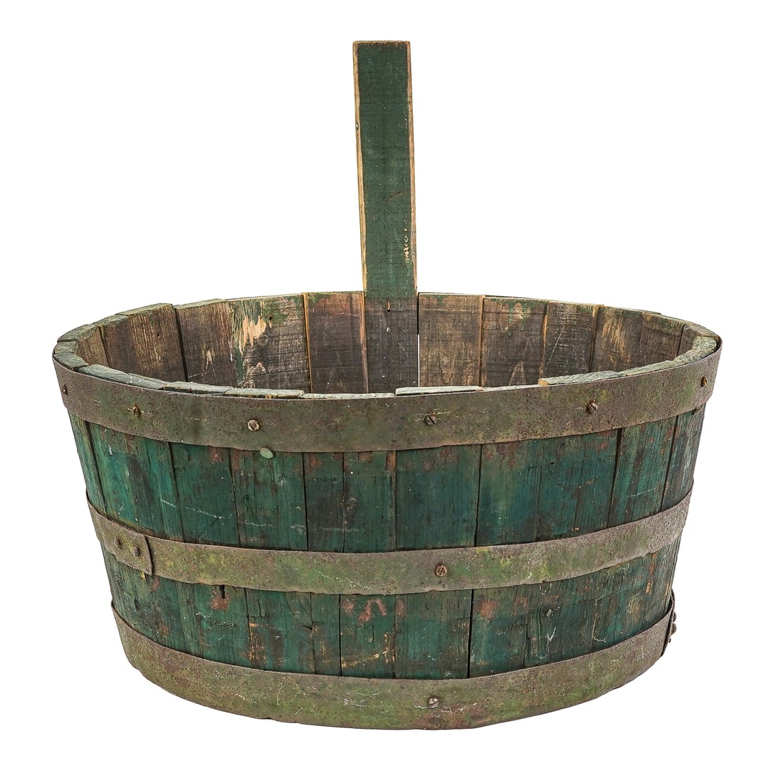 19th c. Blue Wash Tub: Primitive 19th century wash tub with slat handle, 3 iron straps, in original blue green paint. 24" diameter, 12"h (not including handle).
