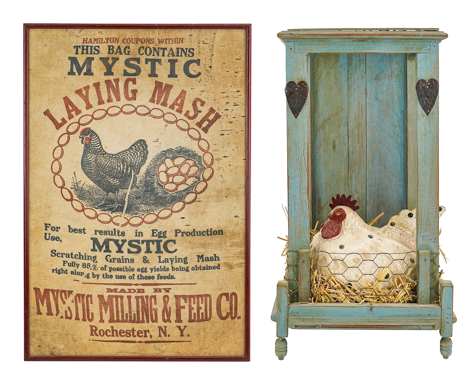 Folk Art Chicken on Nest with Framed Feed Bag: Contemporary folk art carving of chicken in nesting box, signed Mark Kluck. 23" x 12" x 8". With a vintage framed Mistic Laying Mash feed bag for chickens. 17"x25" frame.