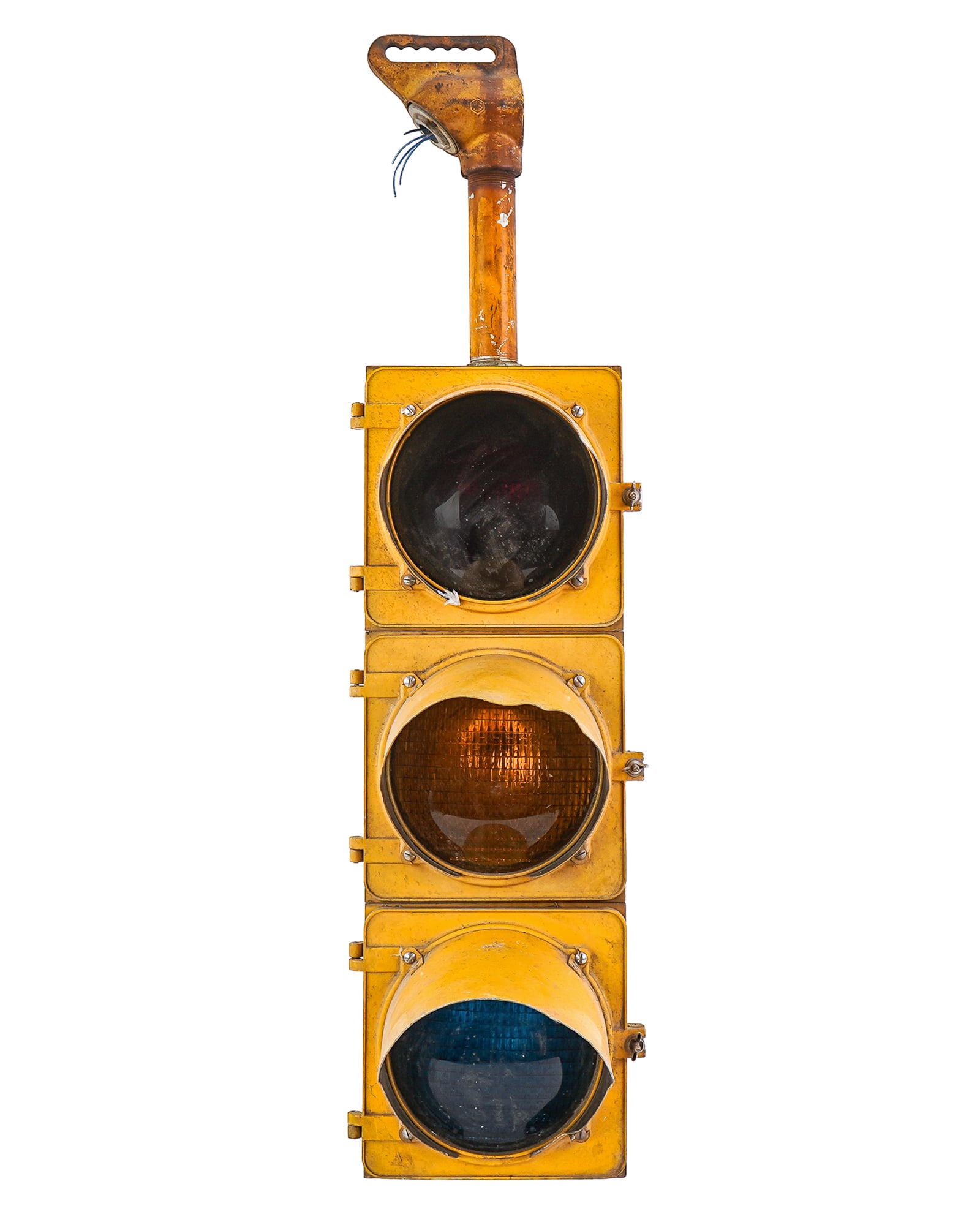 Carouse-Hind Street Light: Mid 20th c Carouse-Hind street light. Yellow metal, three lights, green, yellow, and red. 45" h to top of hook.