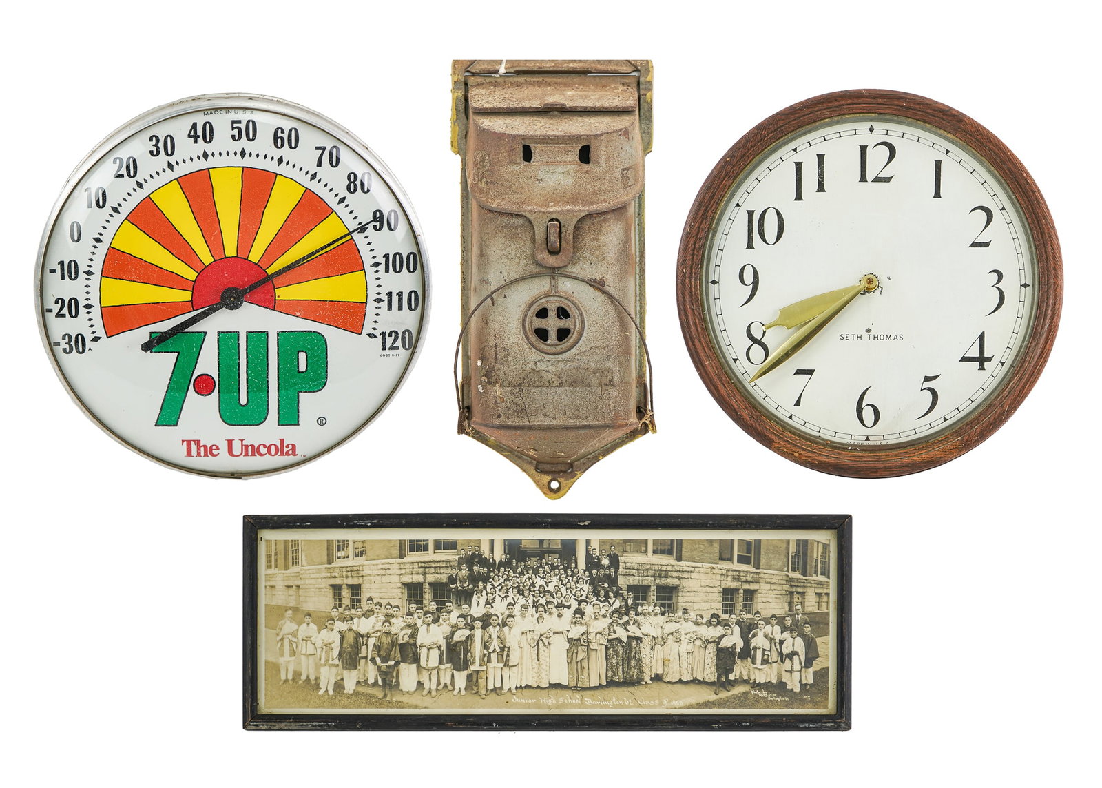 Advertising, Clock, Photo, Mail Box: A 7-UP advertising thermometer. A Seth Thomas 14" diameter oak case round electric wall clock. Vintage iron 13" wall mount mailbox with newspaper wire. 21" McAllister long photo 1920 Burlington Junior