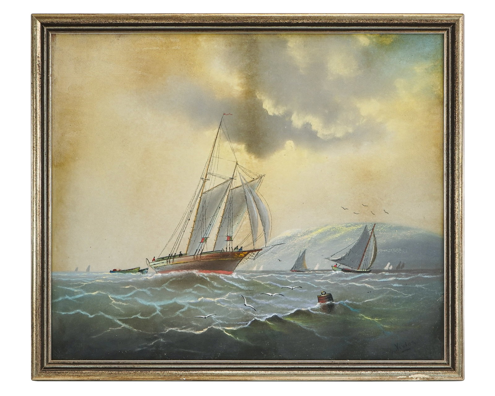 19th c Pastel Seascape: 19th c Pastel seascape with ships in a squall unsigned, 20 x 24"