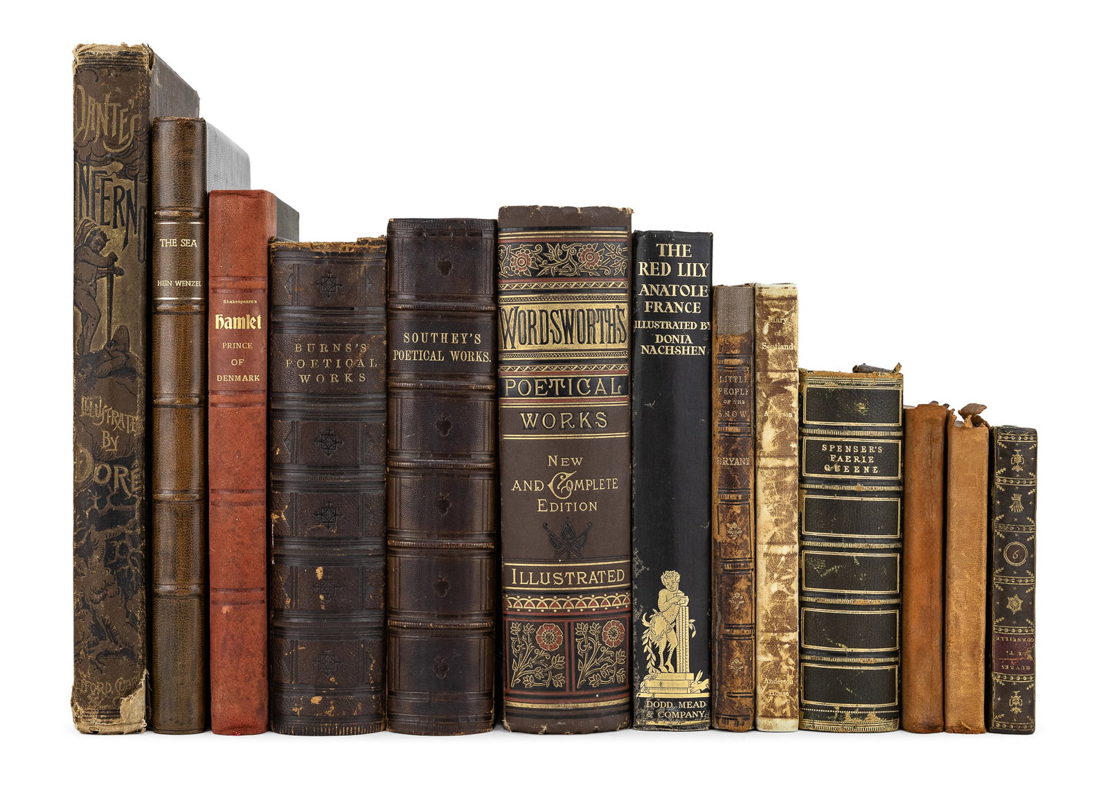 Poetry, Prose, Leather Bound Books: 19th, early 20th c Poetry, Prose, leather bound books (15 pcs), including Dante's Inferno illustrated by Gustave Dore, Roycrofters Hamlet, Spenser's Fairie Queen, etc