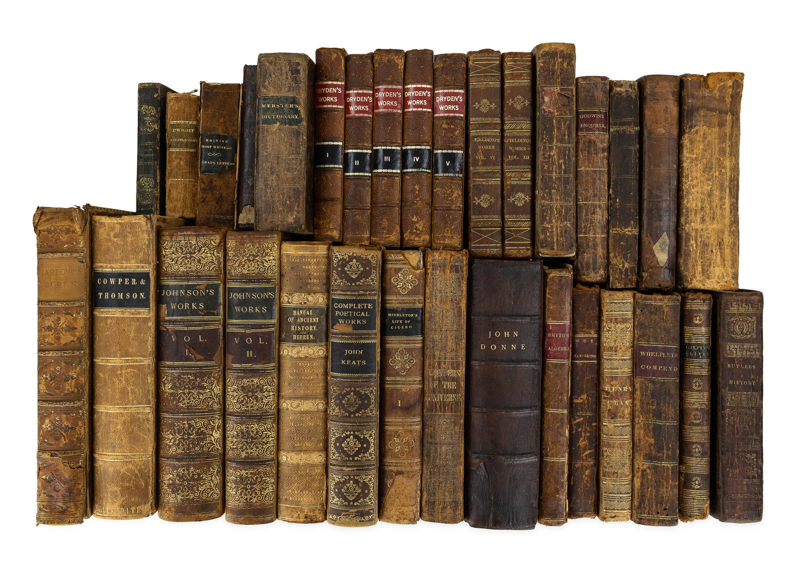 19th c Leather Bound Books: 19th c leather bound books (32 pcs), including 1816 Lorenzo Dow "History of the Cosmolite" 4 volumes in one, Philadelphia, 1822 Butler Sketches of History Sacred & Profane", 1831 Prentice "Biography o