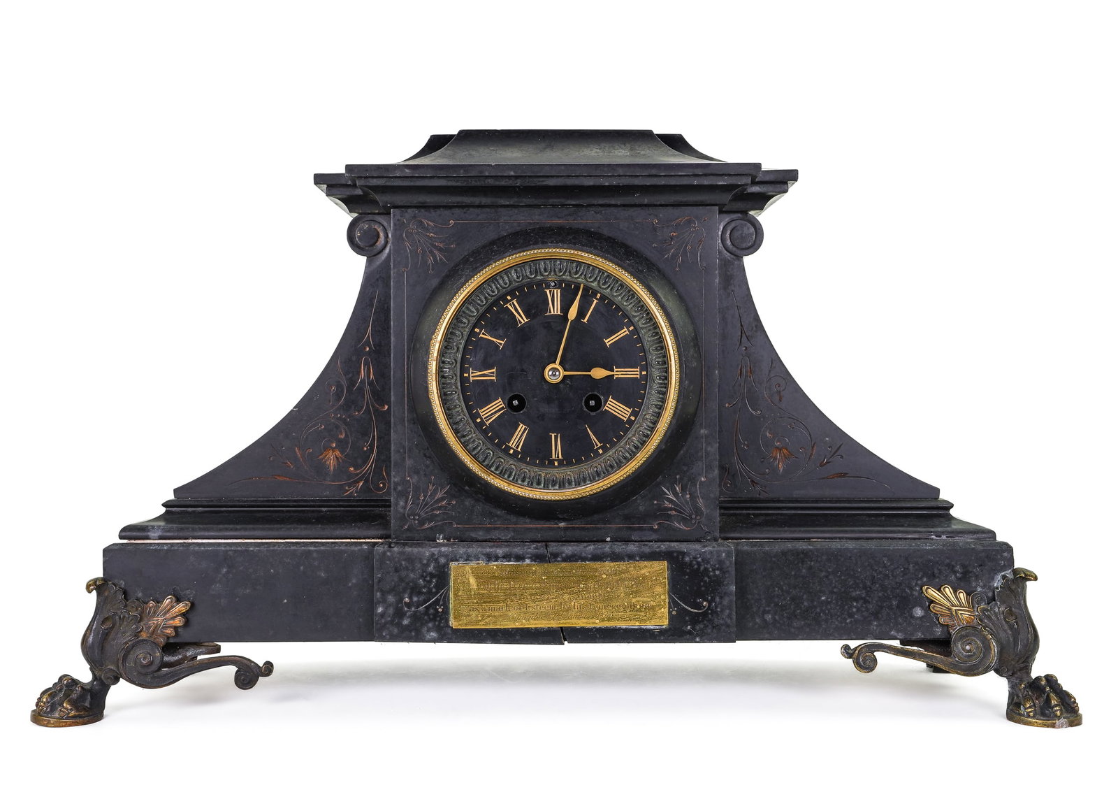 19th c French Mantel Clock: 19th c French brass mounted marble mantel clock, damaged, with some loose pcs (not collated), length 19 1/2", ht 11"