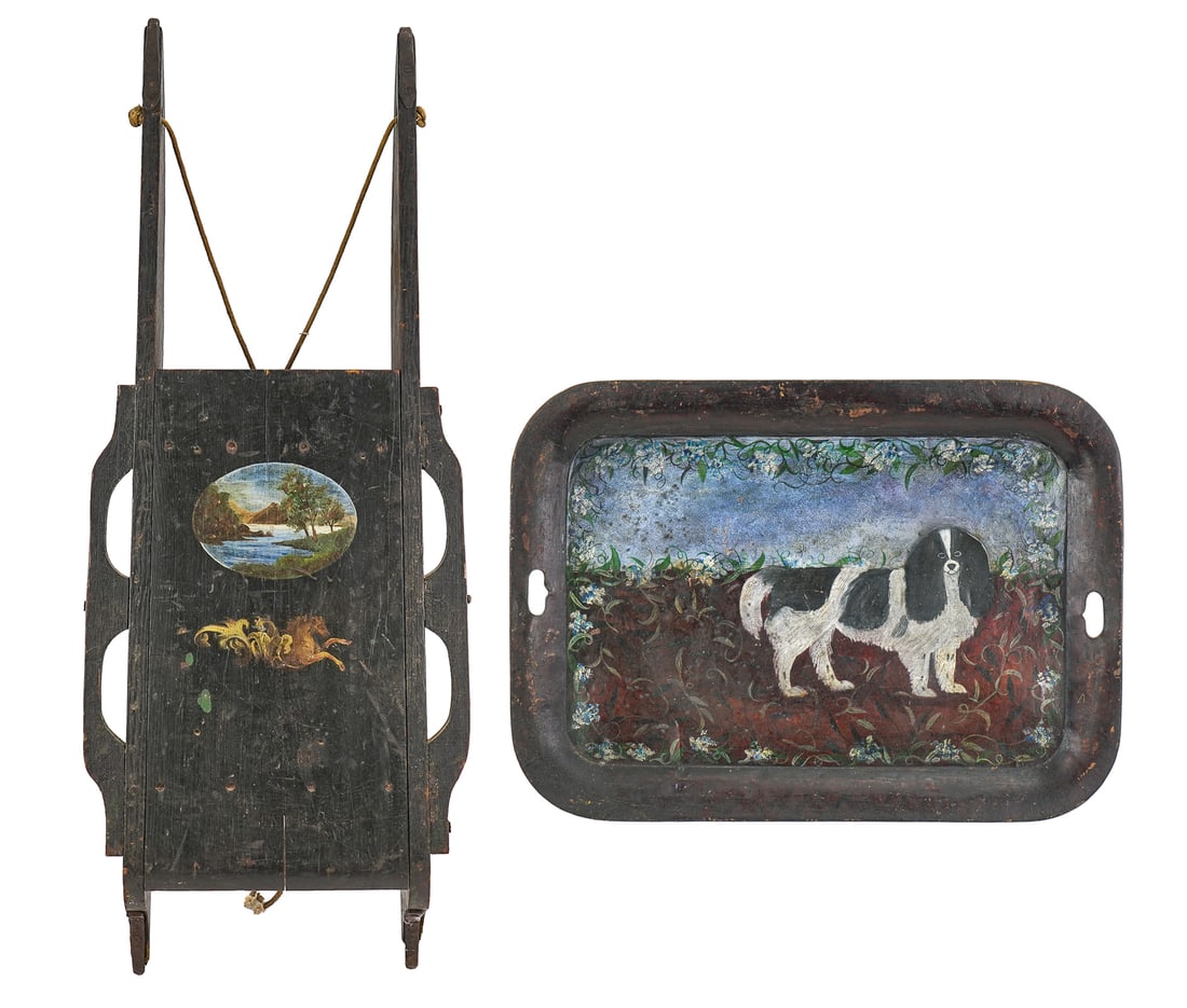 Painted Wooden Sled & Painted Tray (1 of 3)