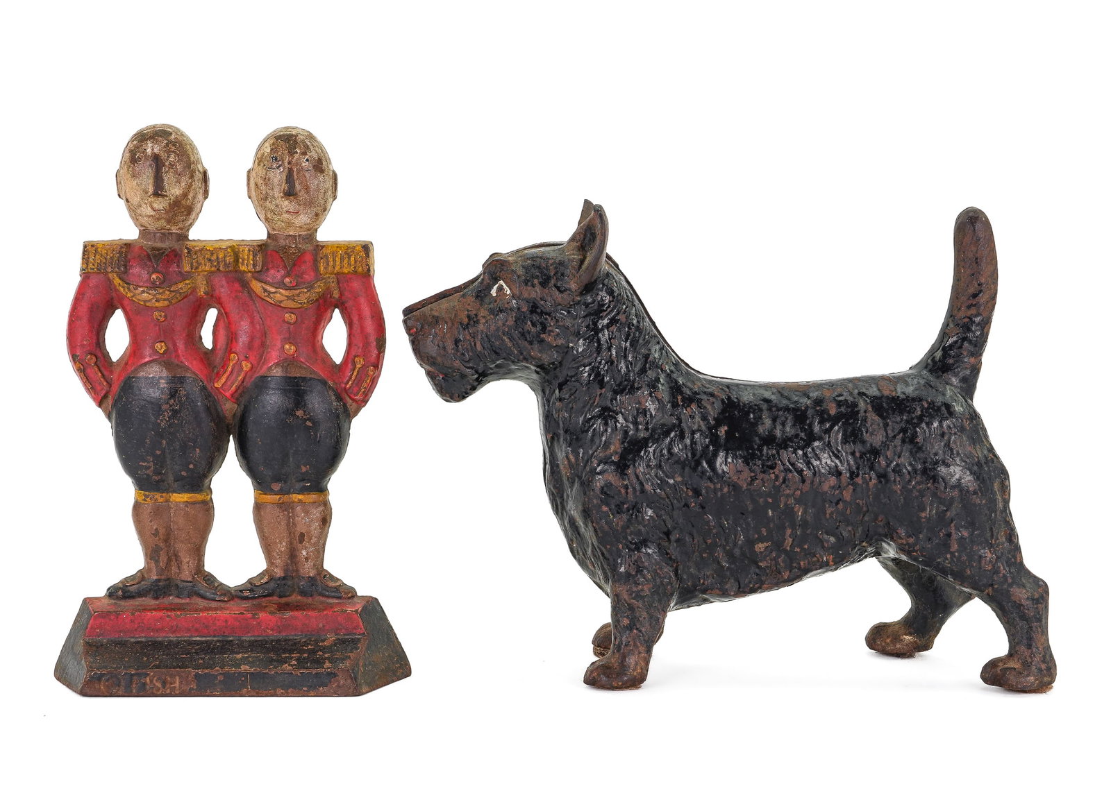 Rare Hubley Footman, Scotty Dog Doorstops: Rare Hubley Anne Harriet Fish "Footman" 272 cast iron doorstop, signed Fish in the casting, ht 9 1/4" , sold with a Scottie dog" cast iron doorstop, ht 7 3/4", length 11"