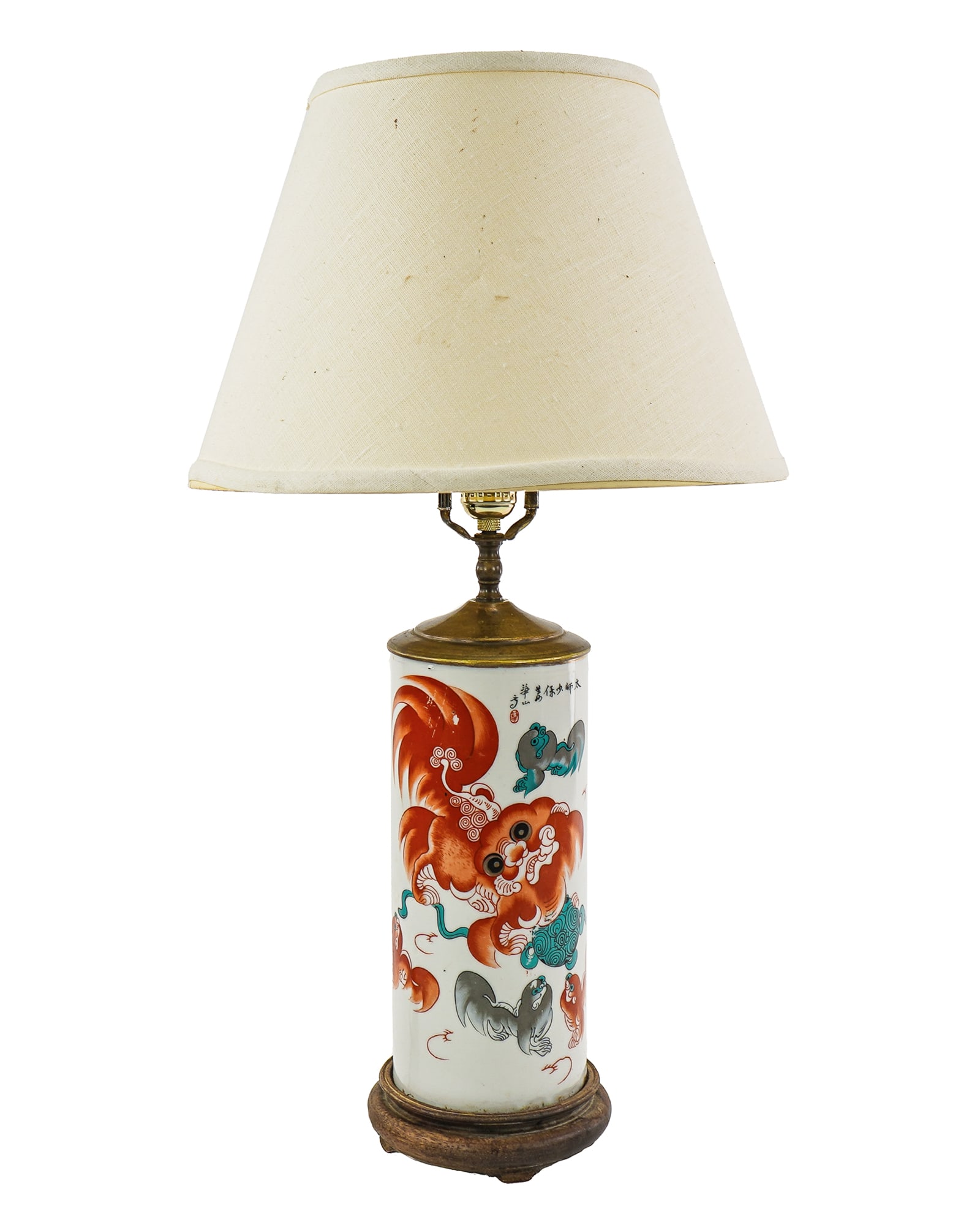 Chinese Brush or Hat Stand Vase/Lamp: Early 20th c Chinese Foo Dog brush or hat stand/lamp, likely Chinese Republic era, base drilled, partial red stamp remaining, vase ht 10 1/2", overall ht 25 1/2"