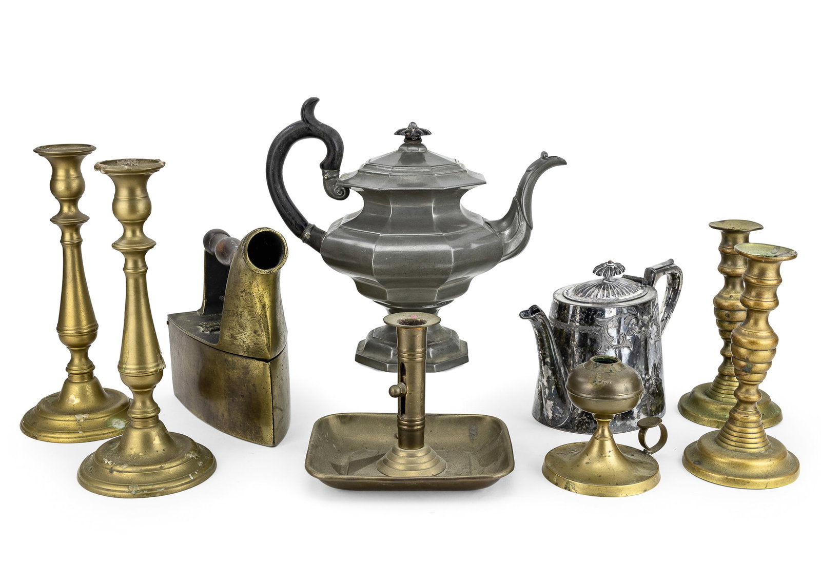Brass Sad Iron, Teapots, Candlesticks: Schweiger hot coal sad iron, Dixon & Son pewter teapot, 19th c EPBM silver plated teapot, early brass candlesticks, saucer base lamp (no burner) (9 pcs) hts to 10"