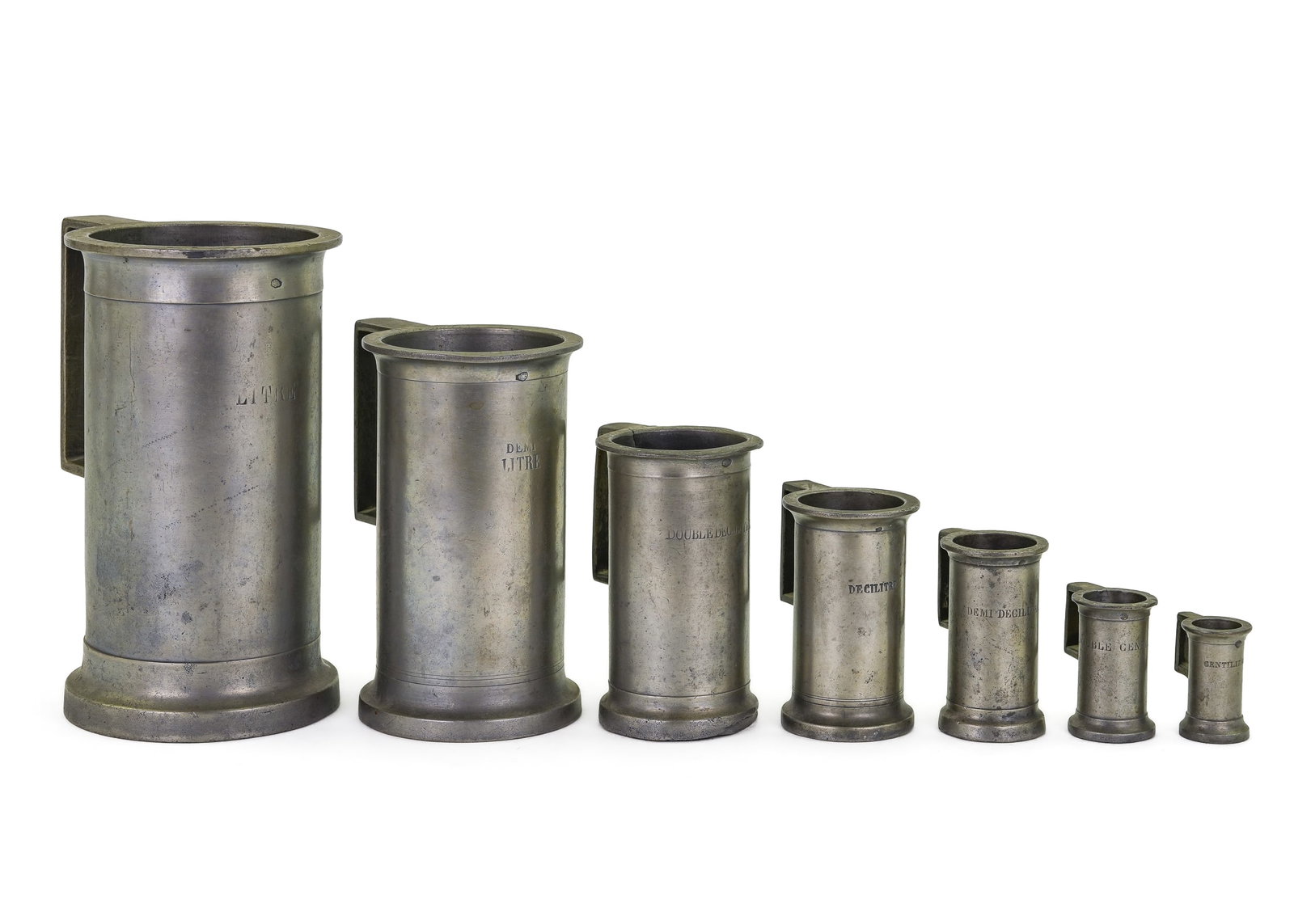 Graduated Set of 7 French Pewter Measures (1 of 1)