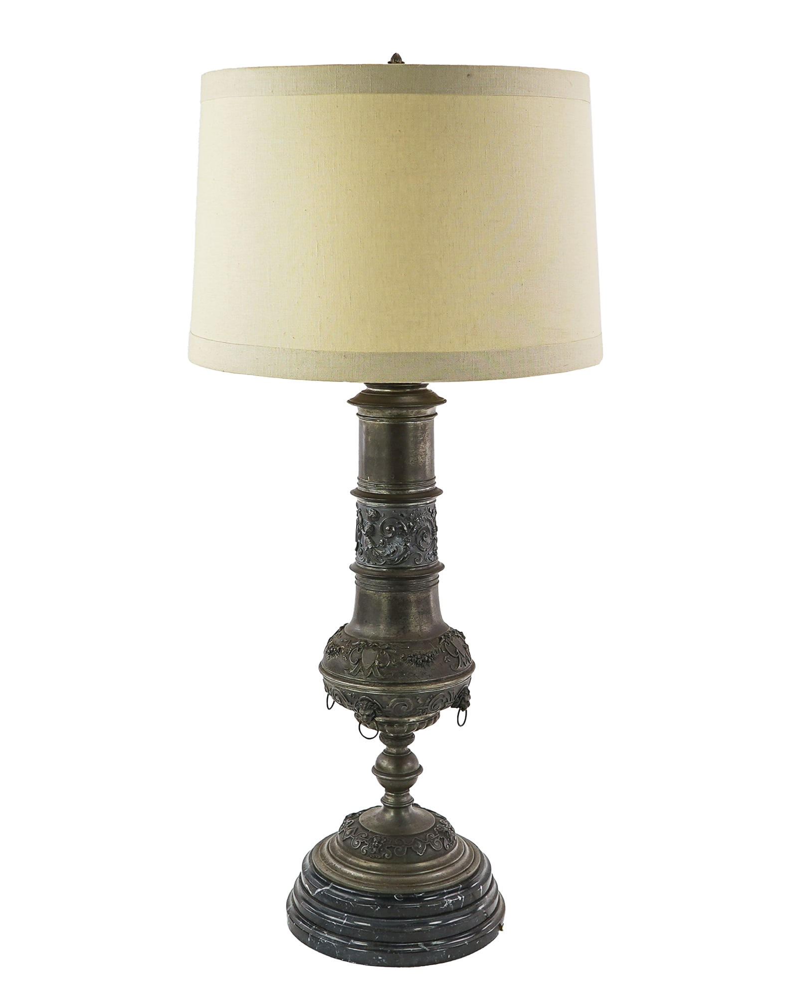 19th c Pewter Banquet Lamp/ Electrified: 19th c pewter banquet lamp (electrified), with elements of Renaissance Revival design & lion's head pulls, mounted on a black fossil marble base, pewter section 19 1/2", overall ht 34"