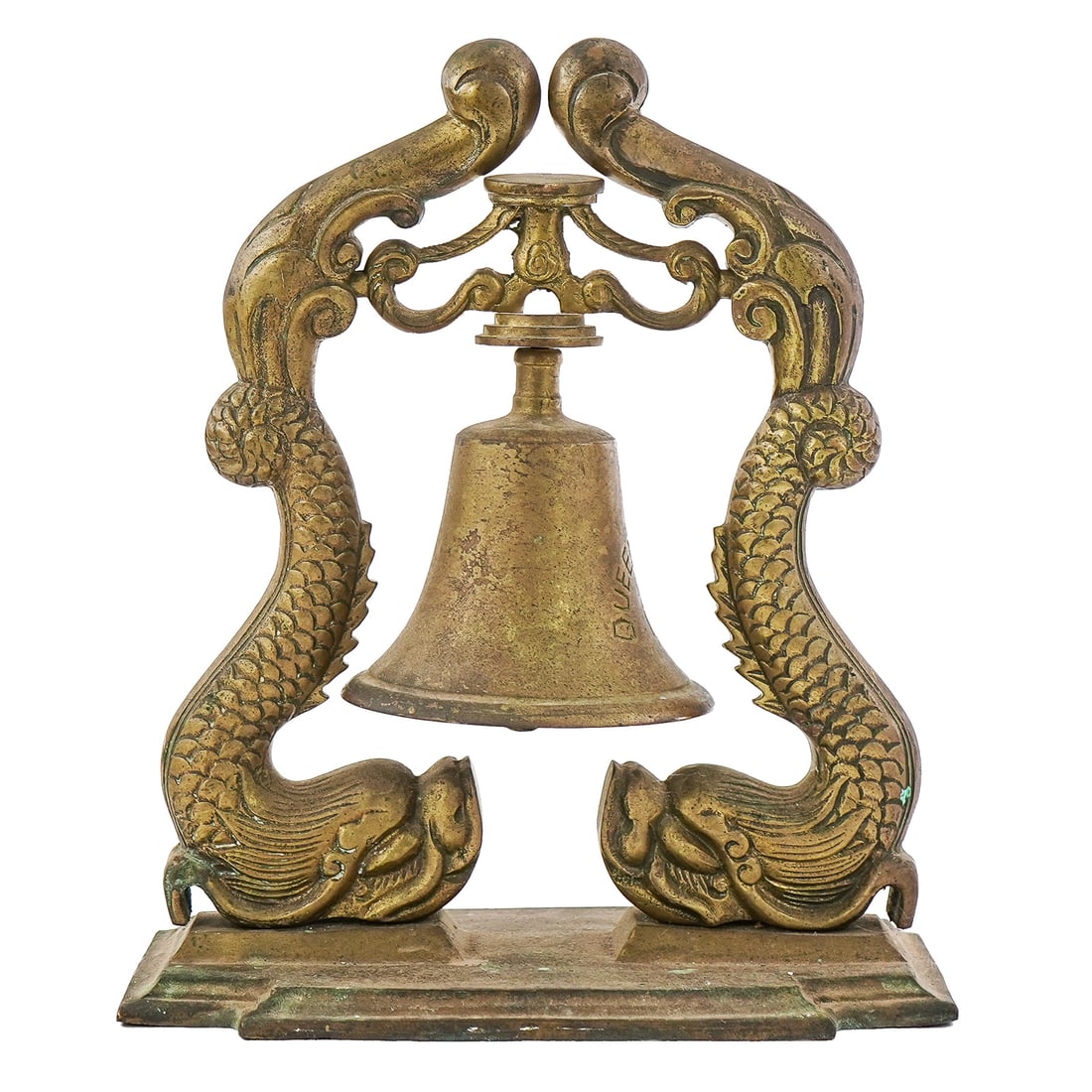 1934 Queen Mary Souvenir Ship's Bell: 1934 Queen Mary souvenir ship's bell on dolphins frame, ht 12", width 10"