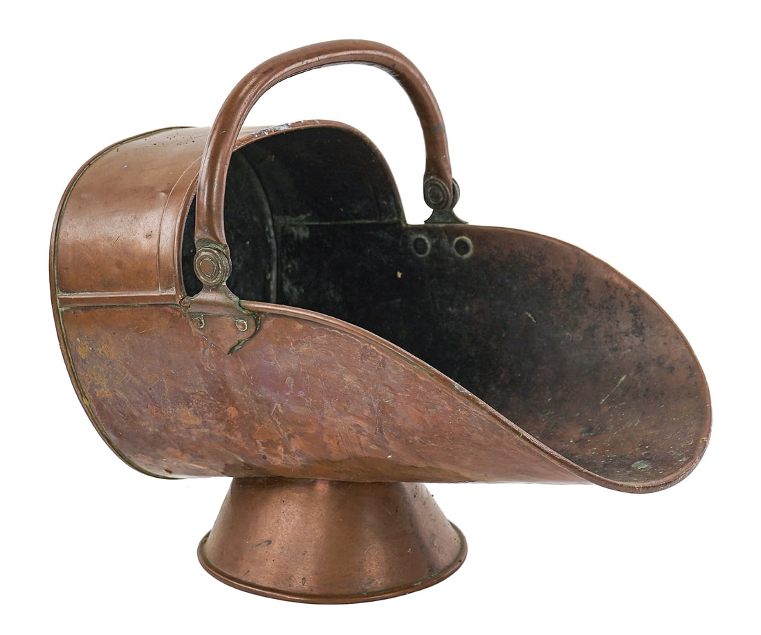 Georgian Copper Coal Scuttle: Ca 1880 English Georgian helmet shaped footed coal scuttle, copper & brass, signs of age & use, length 17", ht with handle 14"