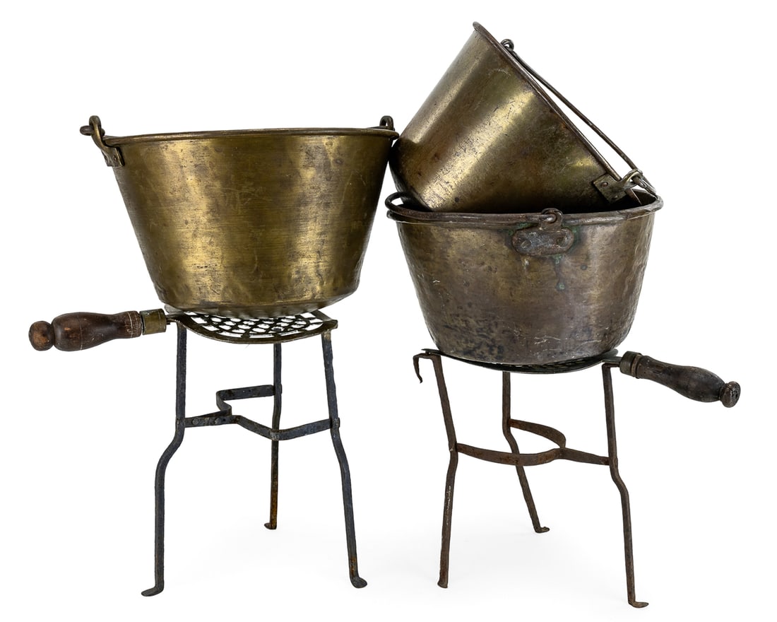 Brass Kettles, Brass & Iron Kettle Stands: Brass kettles, brass & iron kettle stands (5 pcs), including three spun brass & iron kettles incl Hayden's Patent, diameters 11", 12", 13", sold with two kettle stands, hts 11", 12", one kettle stand