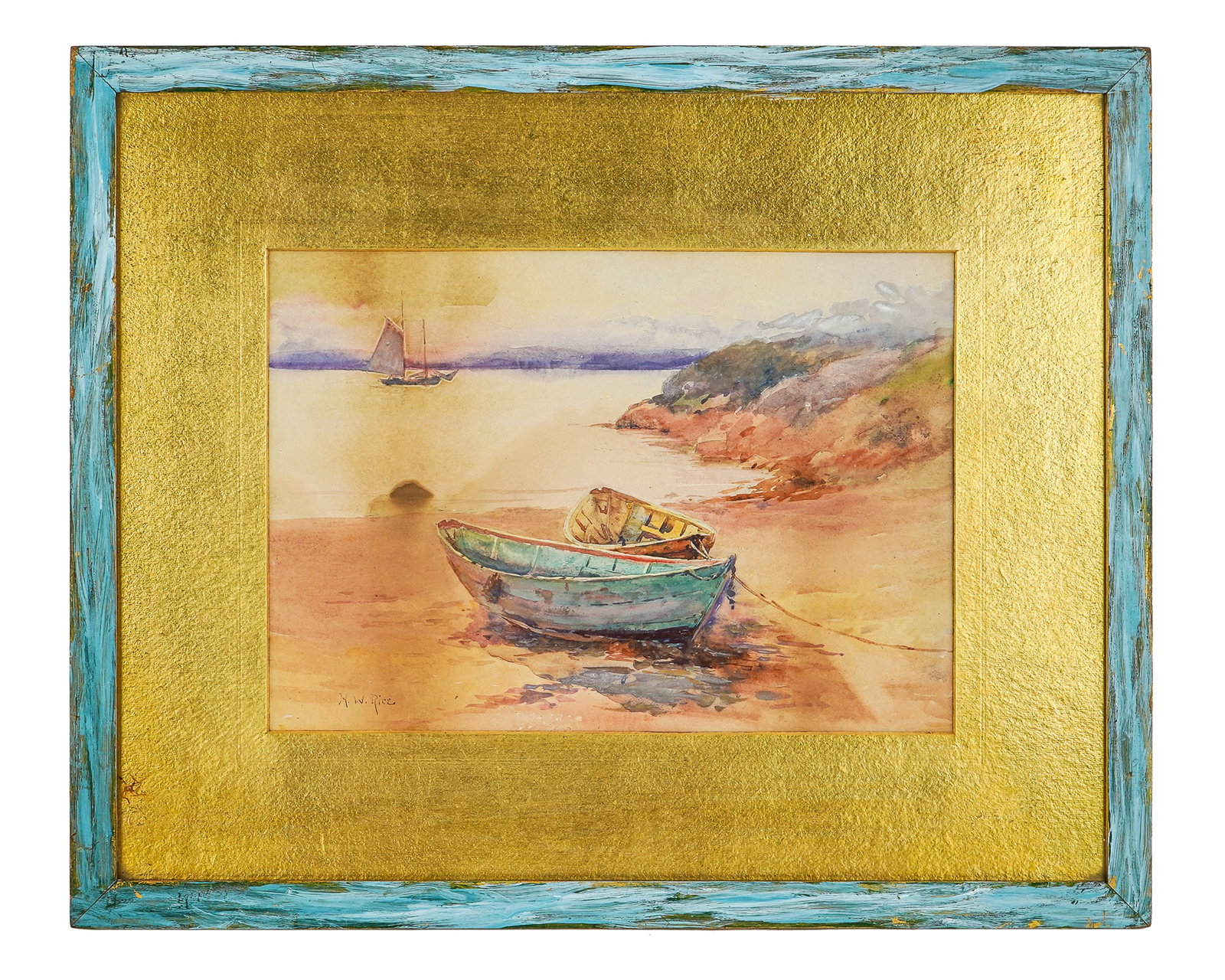 Henry Webster RIce (AM 1854-1934) Dories on the shore: Henry Webster Rice (American 1854-1934) Dories on the shore watercolor on paper signed lower left 10 x 14" 17.5 x 21.5" as framed.- Rice was a professional watercolourist and teacher. By 1885, he was