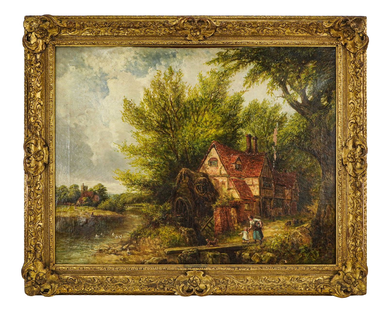 FW Backer (1812-1890) The Old Mill: FW Backer (1812-1890) The Old Mill oil on canvas identified via tag on frame- 28 x 36" 35 x 43" as framed. Canvas loose with tear at top of stretcher.