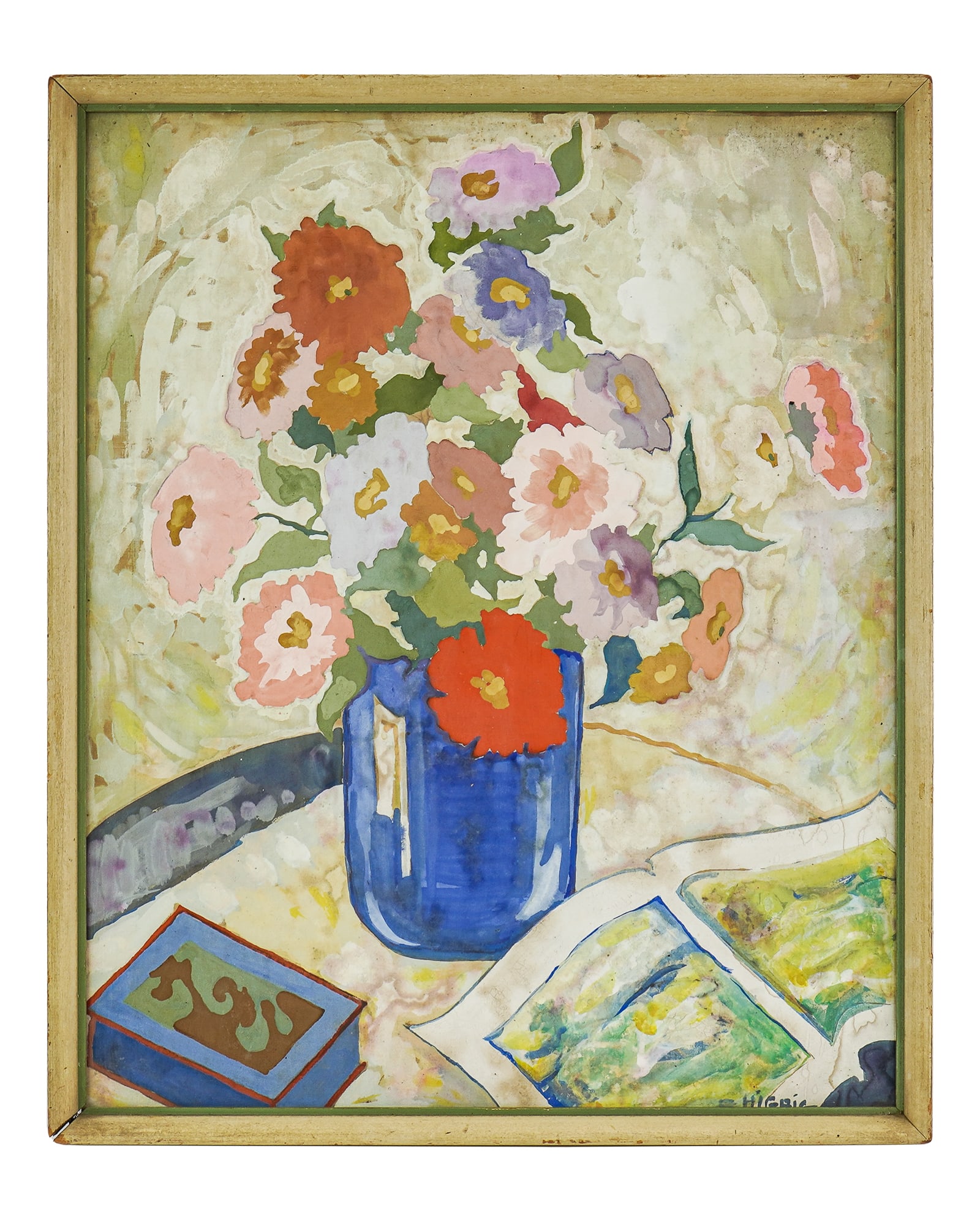 Watercolor and Gouache on linen still life signed C Higbie: Floral still-life watercolor and gouache on linen signed C Higbie lower right- created with an excellent graphic eye 23 x 19" as framed.
